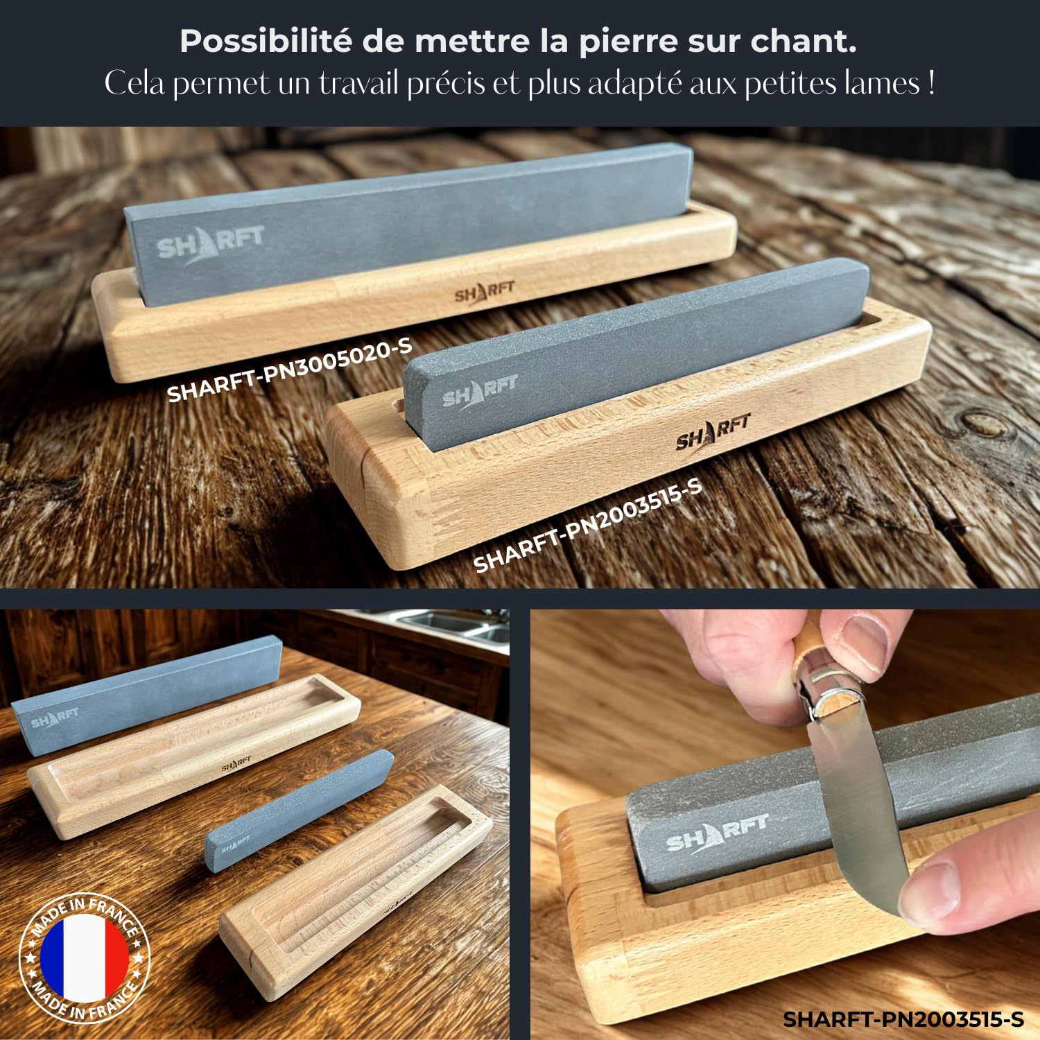 SHARFT, Pierre a aiguiser naturelle des Pyrénées 800/1000 + socle en bois. Pierre à aiguiser 2 grains 200mm. Affuteur de couteaux de cuisine, etc... Aiguiseur couteaux professionnel. MADE IN FRANCE.
