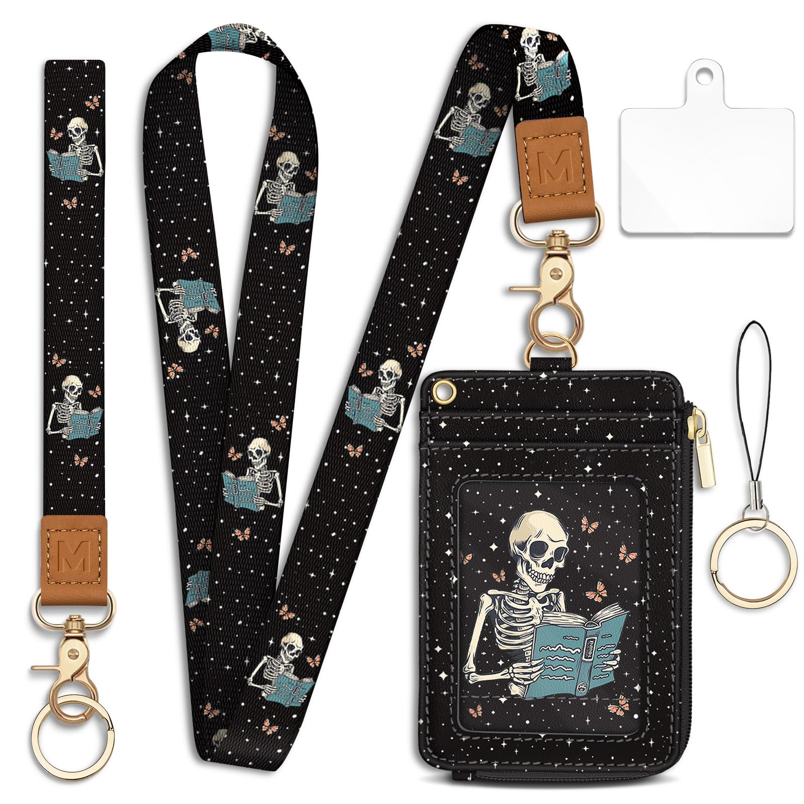 Mavellin Lanyard Wallet with Id Badge Holder, Skeleton Book RFID Small Keychain Wallet Women Wristlet, Cute Zipper Credit Card Holder Phone Wrist Neck