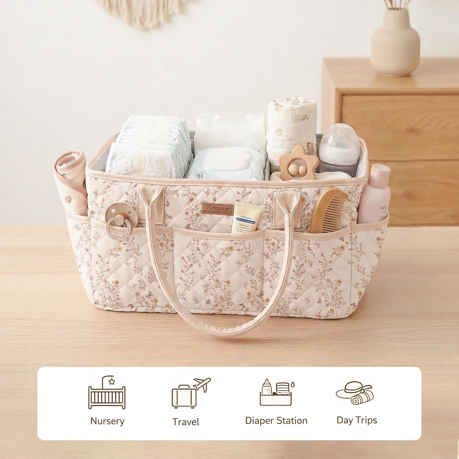 Konssy Floral Quilted Diaper Caddy Organizer, Diaper Caddy Basket with PU Leather Handles, Water-Repellent Nursery Storage Basket, Portable Car Organizer, Registry Search Must Haves (Floral)