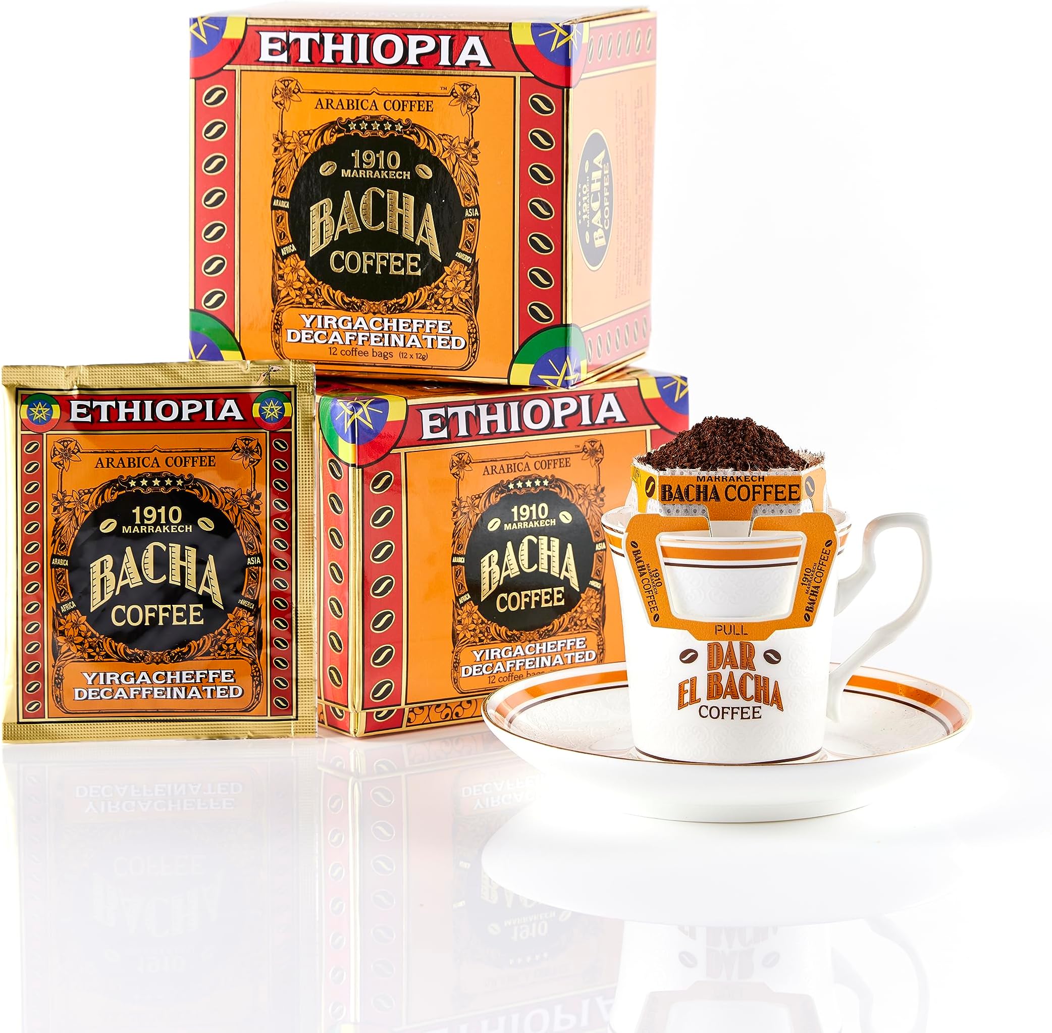 Bacha Coffee | Yirgacheffe Decaf Ethiopia Single Origin, Medium Dark Roast, 100% Arabica Specialty Coffee, 12 Coffee Drip Bags, Gift Box