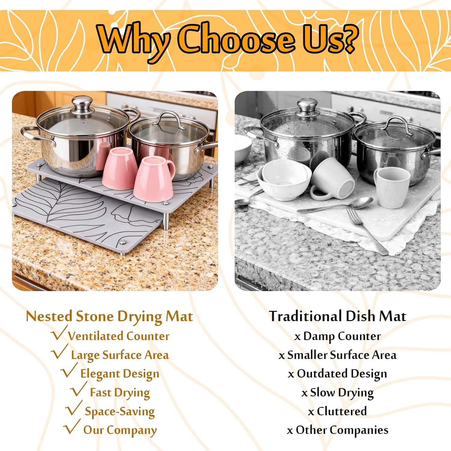 2PCS Nesting Stone Drying Mat for Kitchen Counter, Diatomaceous Earth Dish Drying Mat with Non-Slip Feet, Quick Dry Stone Mats Kitchen, Heat Resistant Stones Dish Dry Mats for Bottle Cup