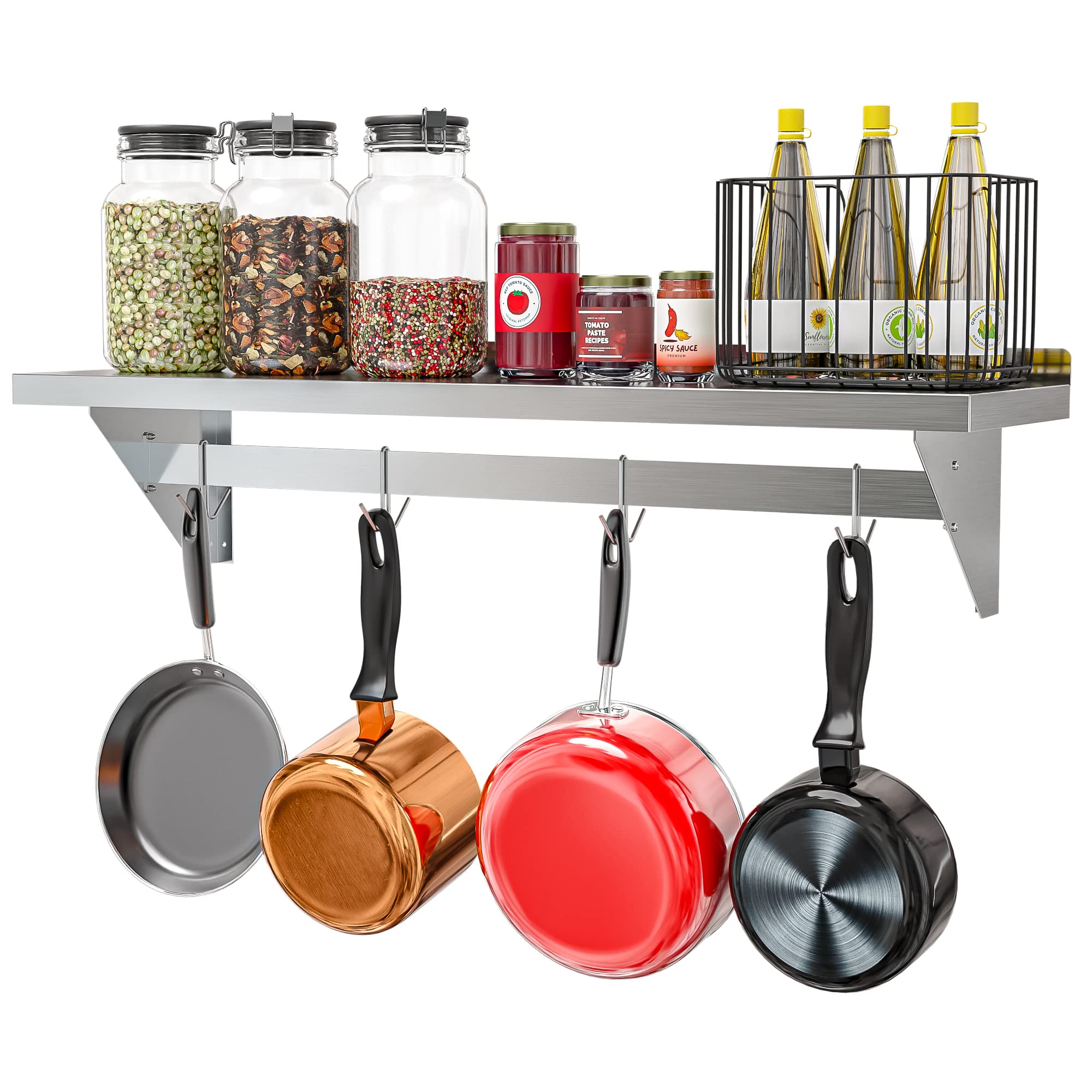 KoolMoreCommercial Wall Mounted Pot Rack Organizer Shelf with 4 Removable Storage Hooks for Pots and Pans, Utensils, Kitchen Cooking Accessories, Stainless-Steel Holder (WMPS-1248), 12'' X 48''
