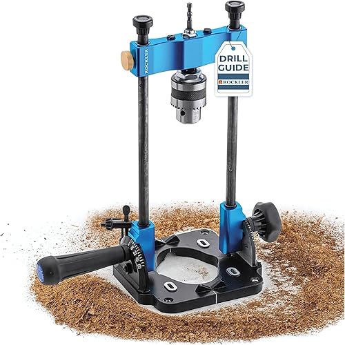 Rockler Guía de taladro | Adaptador de prensa de taladro portátil para taladro manual - Ángulo de 0 a 60 con transportador y llave de portabrocas