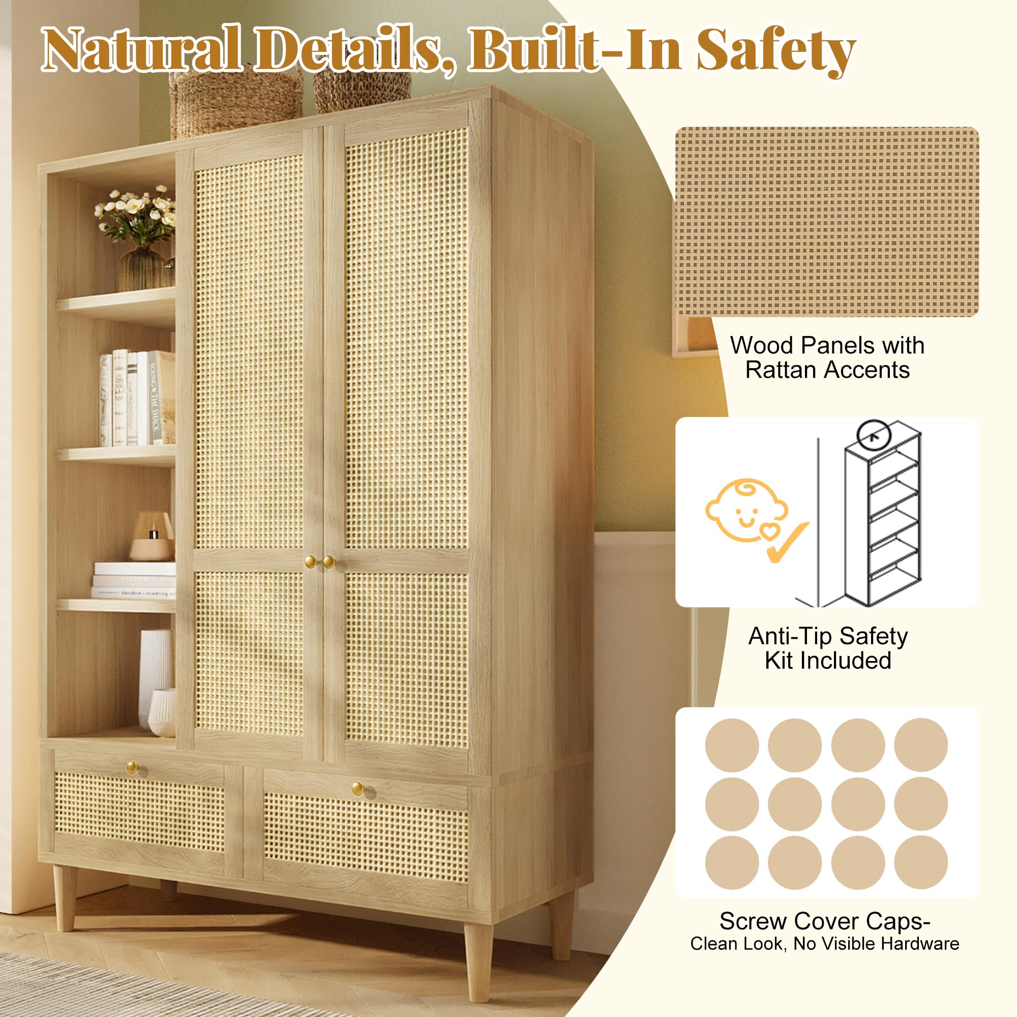 Kleiderschrank mit 2 Türen und Rattan-Geflecht im Landhausstil Eichenoptik, offenes Einlegeboden, Einlegeböden, Kleiderbügel, 2 Schubladen, Kippsicherung (180x120x50cm)