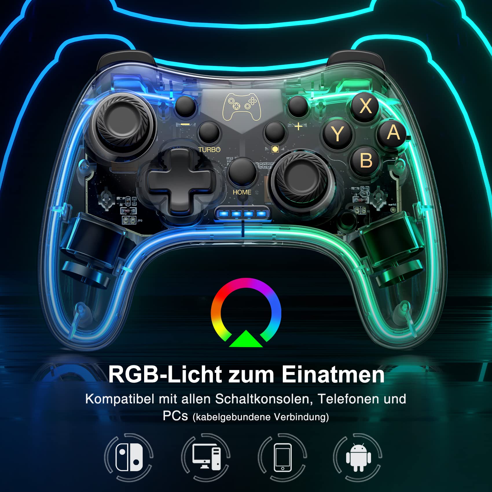 HASACOOL Manette Switch Pro avec transparent/lumineux/réveil/application de contrôle sans fil compatible avec Android/iOS/PC, Switch pour Switch/Lite/OLED