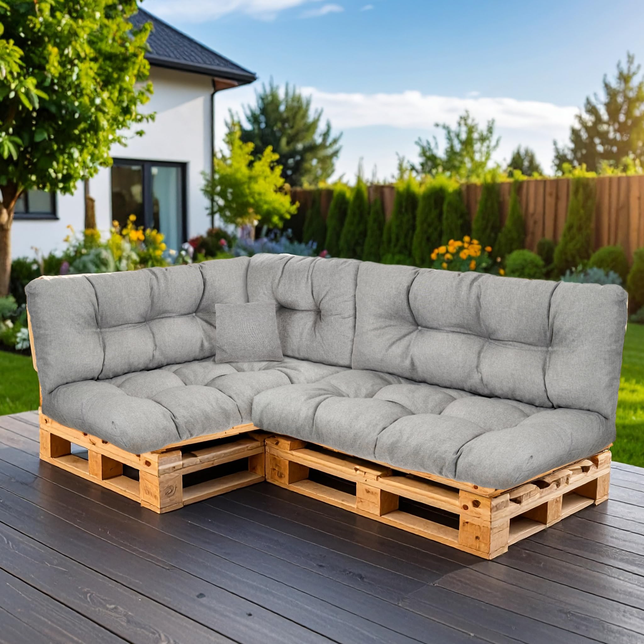 SLIPIO Pallet Cushions, Cushions for Europalets, FÜLLPRO+ Filling, Weatherproof Pallet Upholstery (6-piece Set - 2X Back Cushions 120 x 40 cm + 2X Seat Cushions 120 x 80 cm + 60 x 40 & 50 x 50 - Grey) — image 1