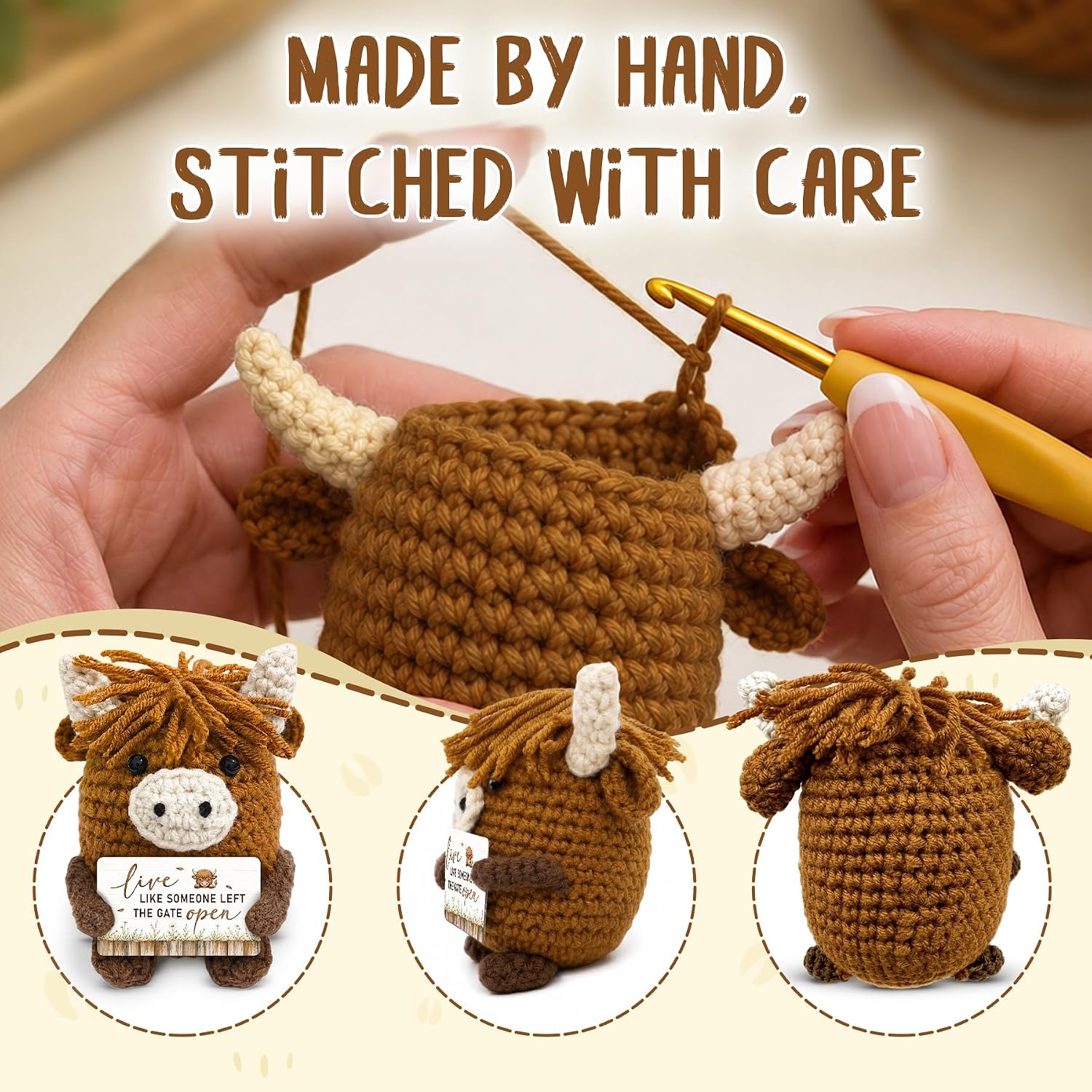 Mini Highland Cow Crochet, Funny Message Western Gifts for Women