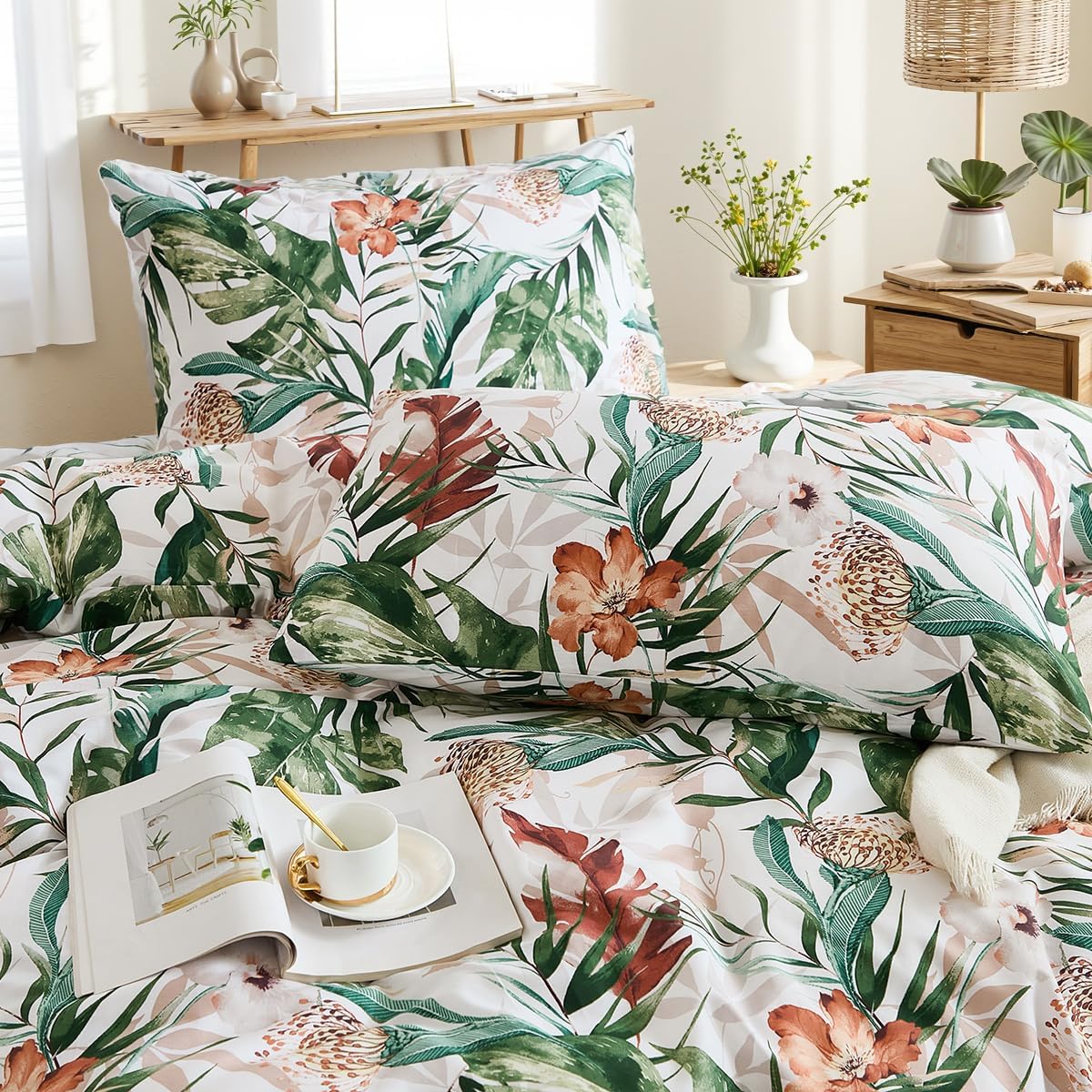 Bedding_Dreamer 100% Cotton Comforter Set Floral King Bedding Green Palm Leaf Comforter Set Botanical Home Decor 3 Pcs with 2 Pillowcases Reversible for All Season - Image 5