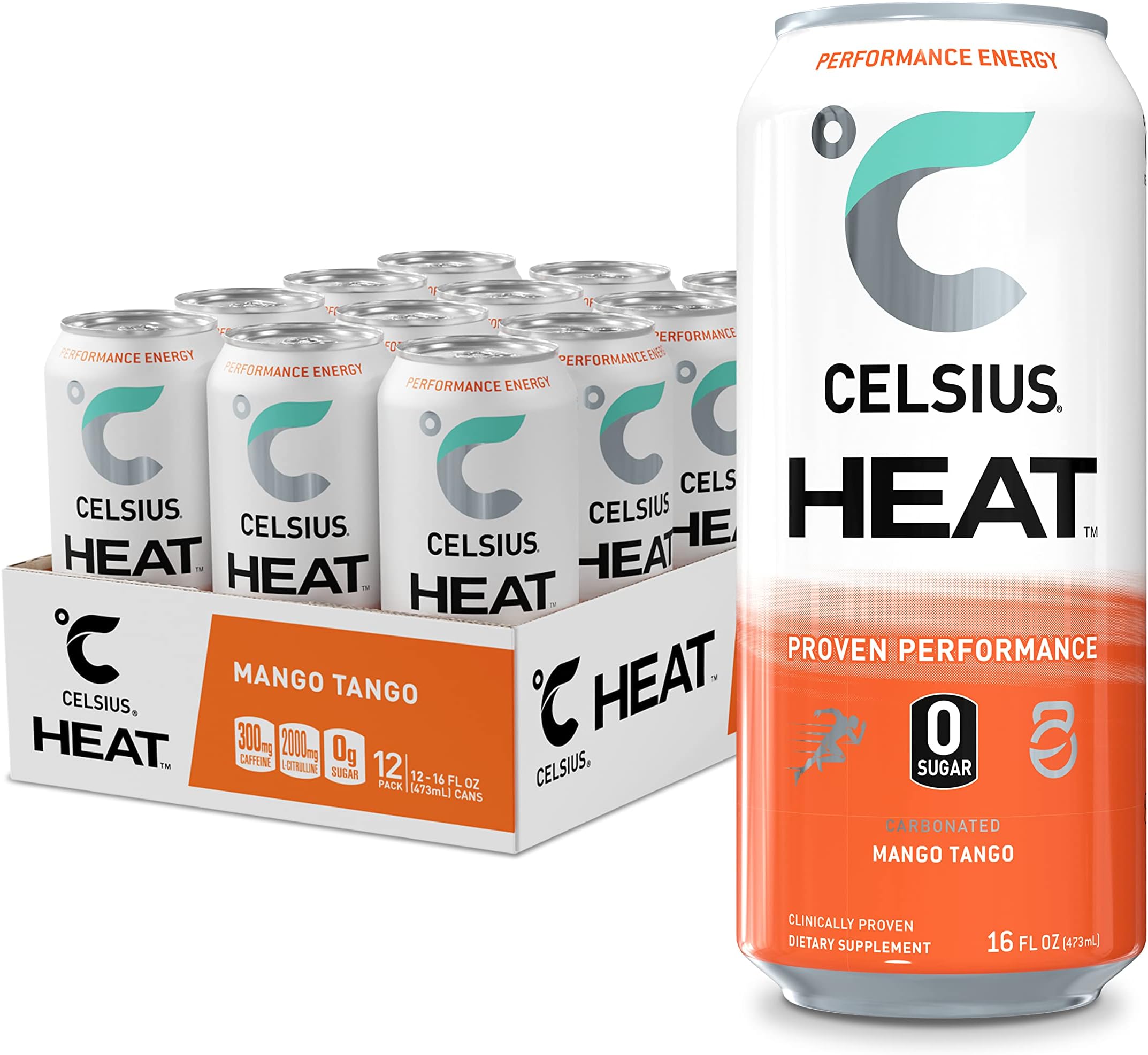 CELSIUS FGSS1252 HEAT Performance Energy Drink 16 Fl Oz, Mango Tango (Pack of 12)