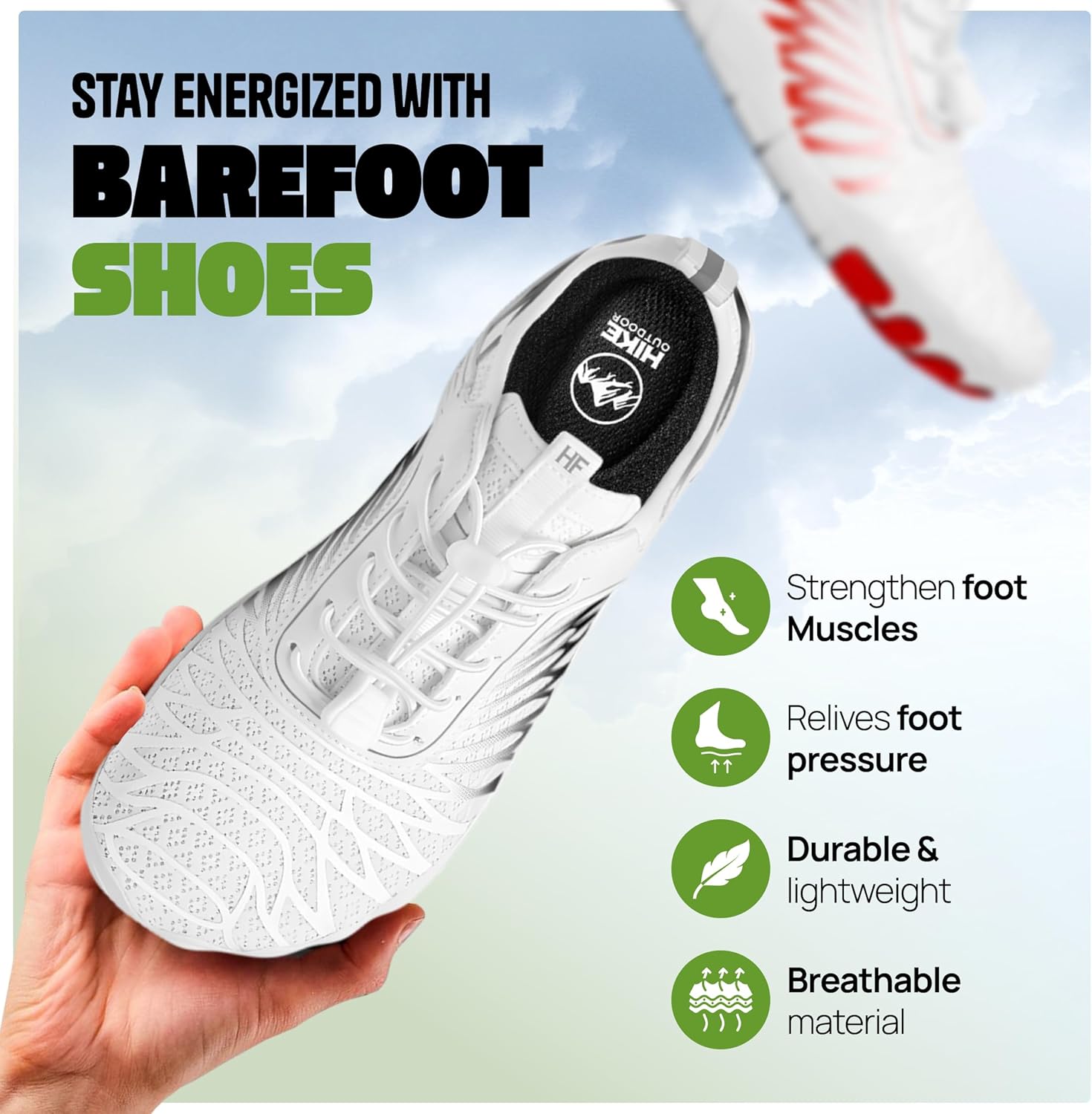 Hike Footwear HF Breathable Wide Toe Barefoot Shoes, Men Women, Non - Slip, Minimalist Athletic Footwear, Walking, Running, Hiking and Daily Wear White/Green - Image 2