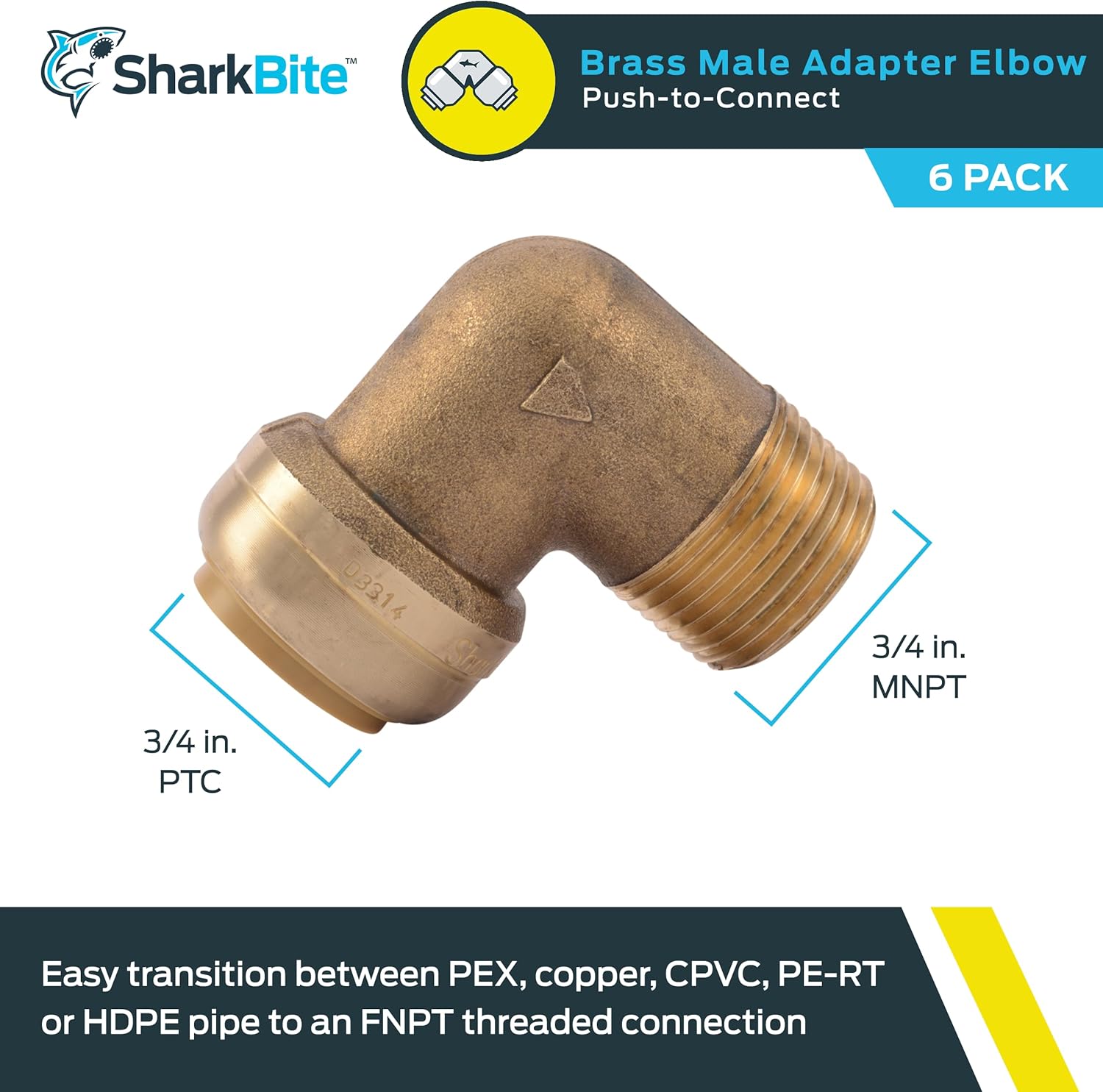 SharkBite 3/4 Inch 90 Degree Male Adapter Elbow, Pack of 6, Push to Connect Brass Plumbing Fitting, PEX Pipe, Copper, CPVC, PE-RT, HDPE, U286LF