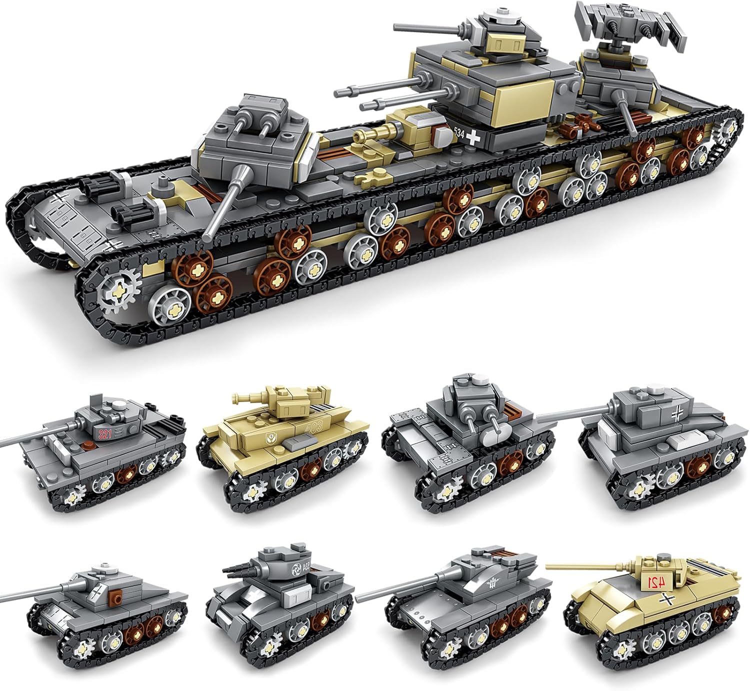 WW2 Army Tank Building Toy Sets,8 in 1 Military Tanks Model Kit,Create A KV-VI Heavy Tank or 8 WWII Tanks Toys,Great Gifts for Boys Kids Age 8-14