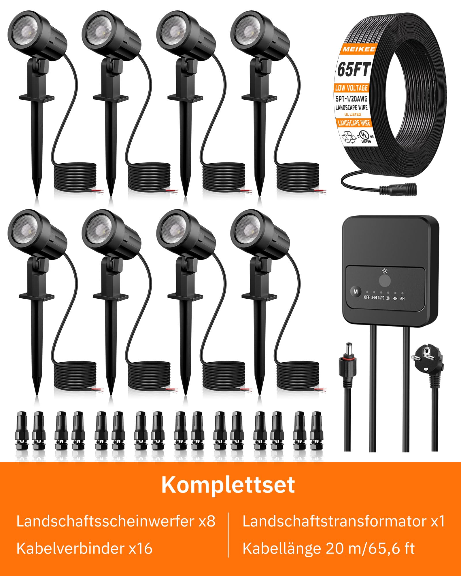 MEIKEE Gartenbeleuchtung Warmweiß 3 W 330 LM 12 V–24 V LED-Strahler 8 Stück | Gartenstrahler mit Transformator, Anschlüssen, 20 m Kabel, EU-Stecker, wasserdicht nach IP66 für Gartenwege, Innenhöfe, Bäume