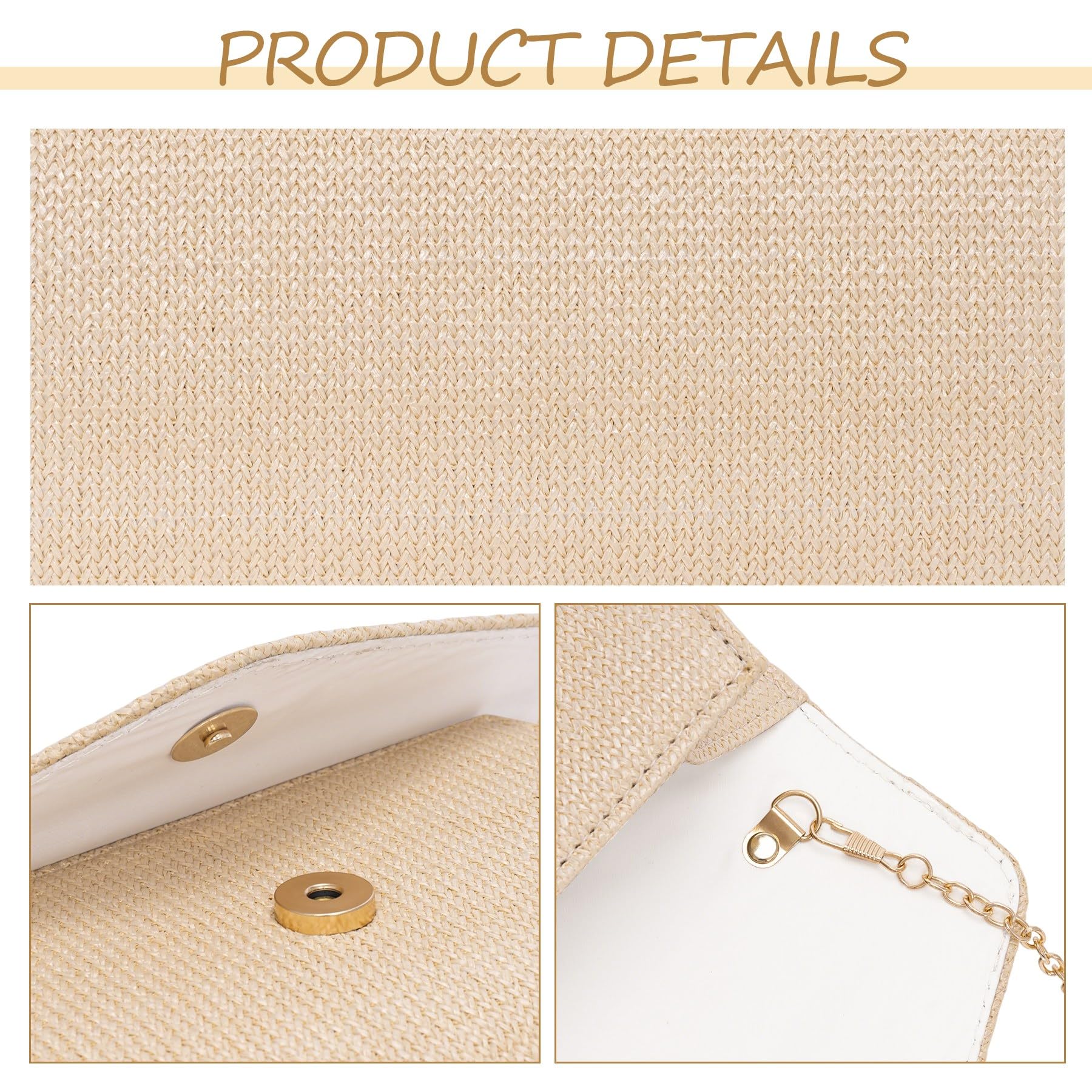 Stroh Clutch Damen, Sommer Strand Handtasche Damen Klein mit Abnehmbarer Kette, Elegante Umschlag Abendtasche, Boho Geflochtene Umhängetasche Beige für Hochzeit Cocktail Party