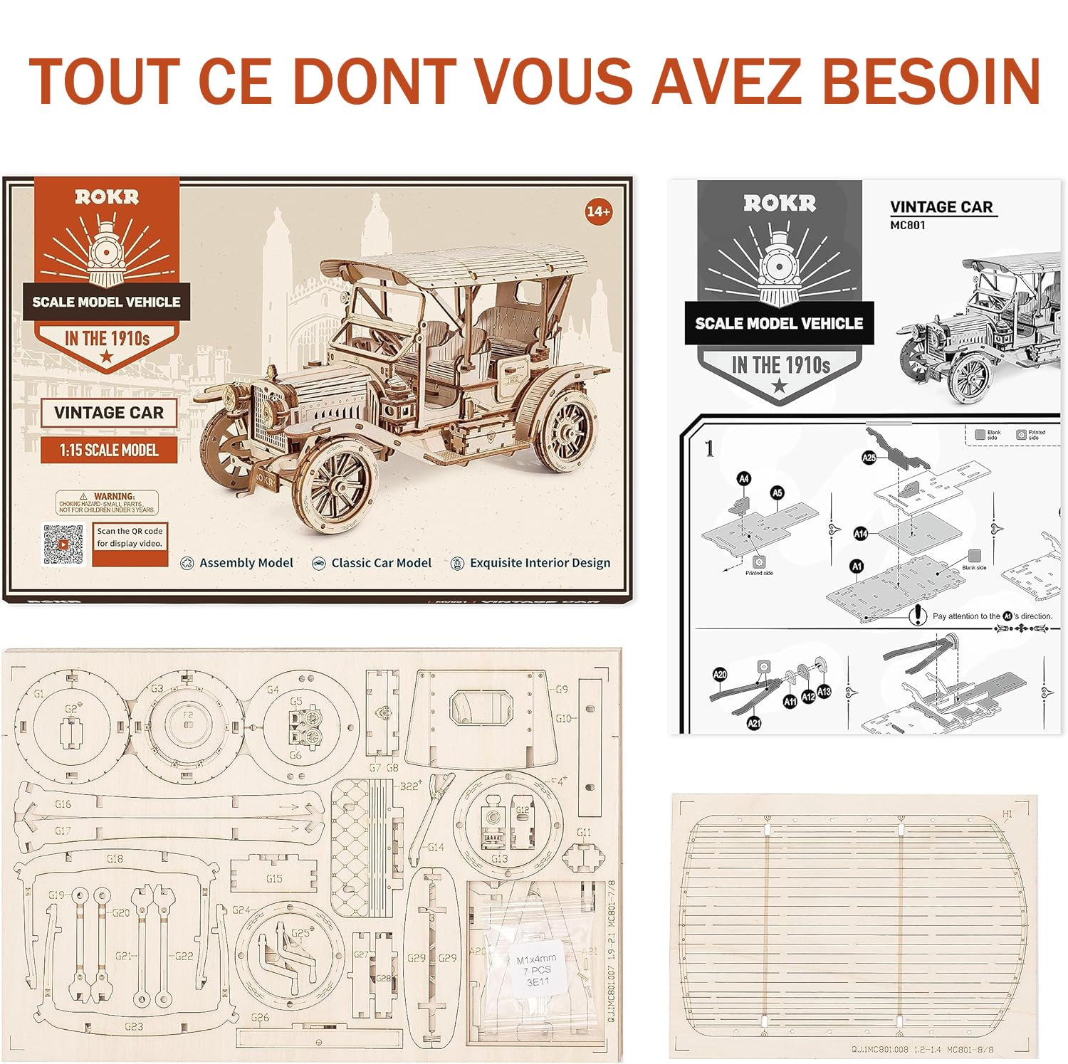 ROKR Puzzle 3D Bois Maquette en Bois a Construire,Vintage Car,MC801 | Voiture pour Adultes, Kits de Modélisme Cadeaux d'anniversaire,