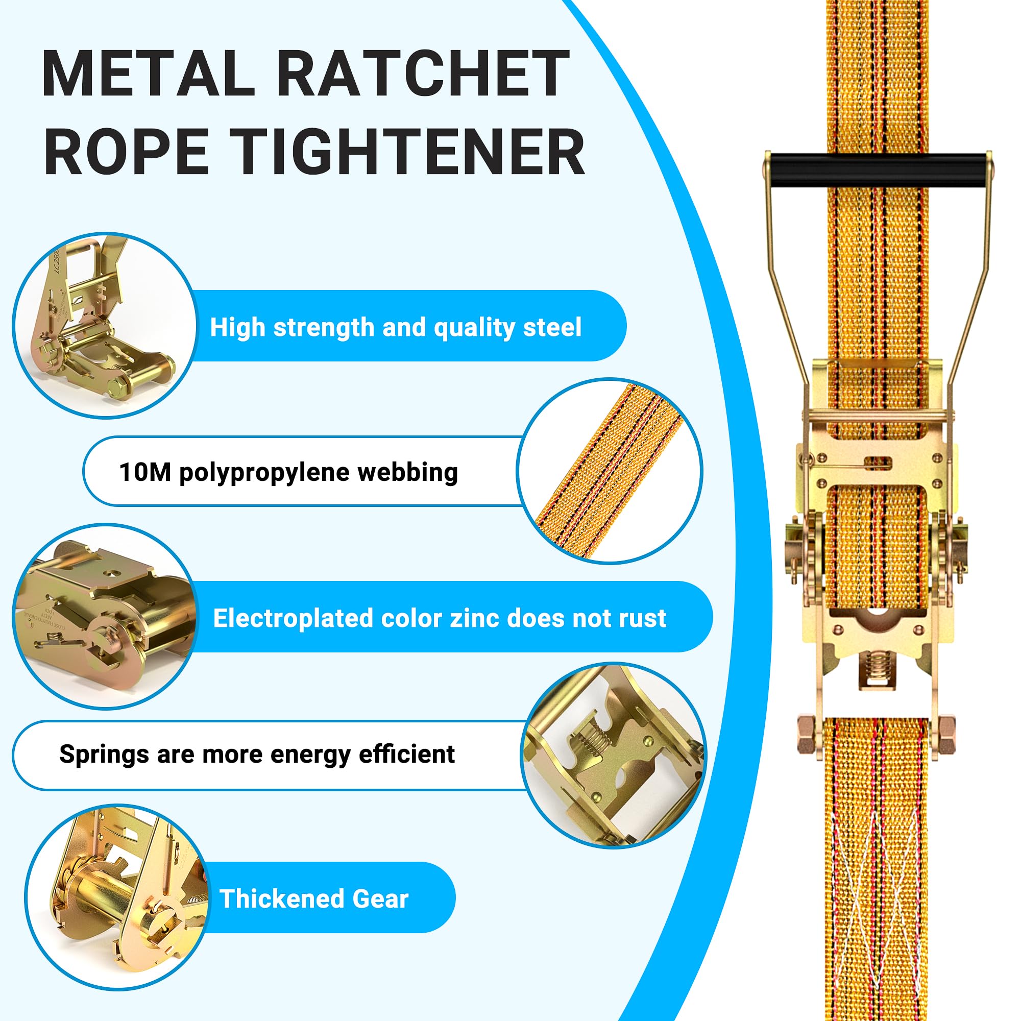 2 cinghie a cricchetto resistenti, 5,1 cm, 9,1 m, giallo, resistenza alla rottura, cricchetto con doppio gancio a J per traslochi, attrezzature da prato, bagagliaio auto e moto
