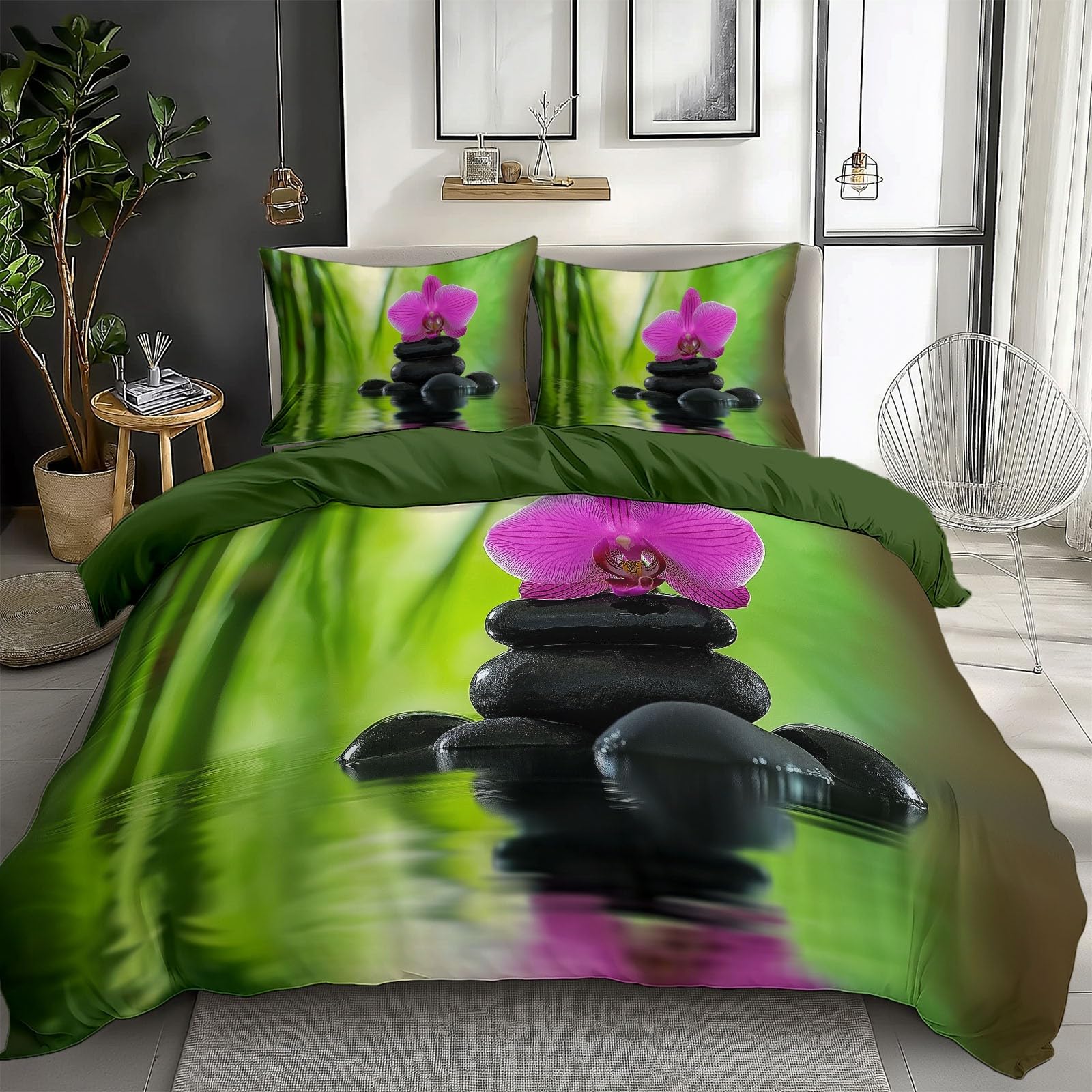 Green Bedding Sets Meditation Bamboo Orchids Print Duvet Cover Set, Comforter Cover Full Size Soft Breathable Reversible 3-Piece Bedding for Kids Teens