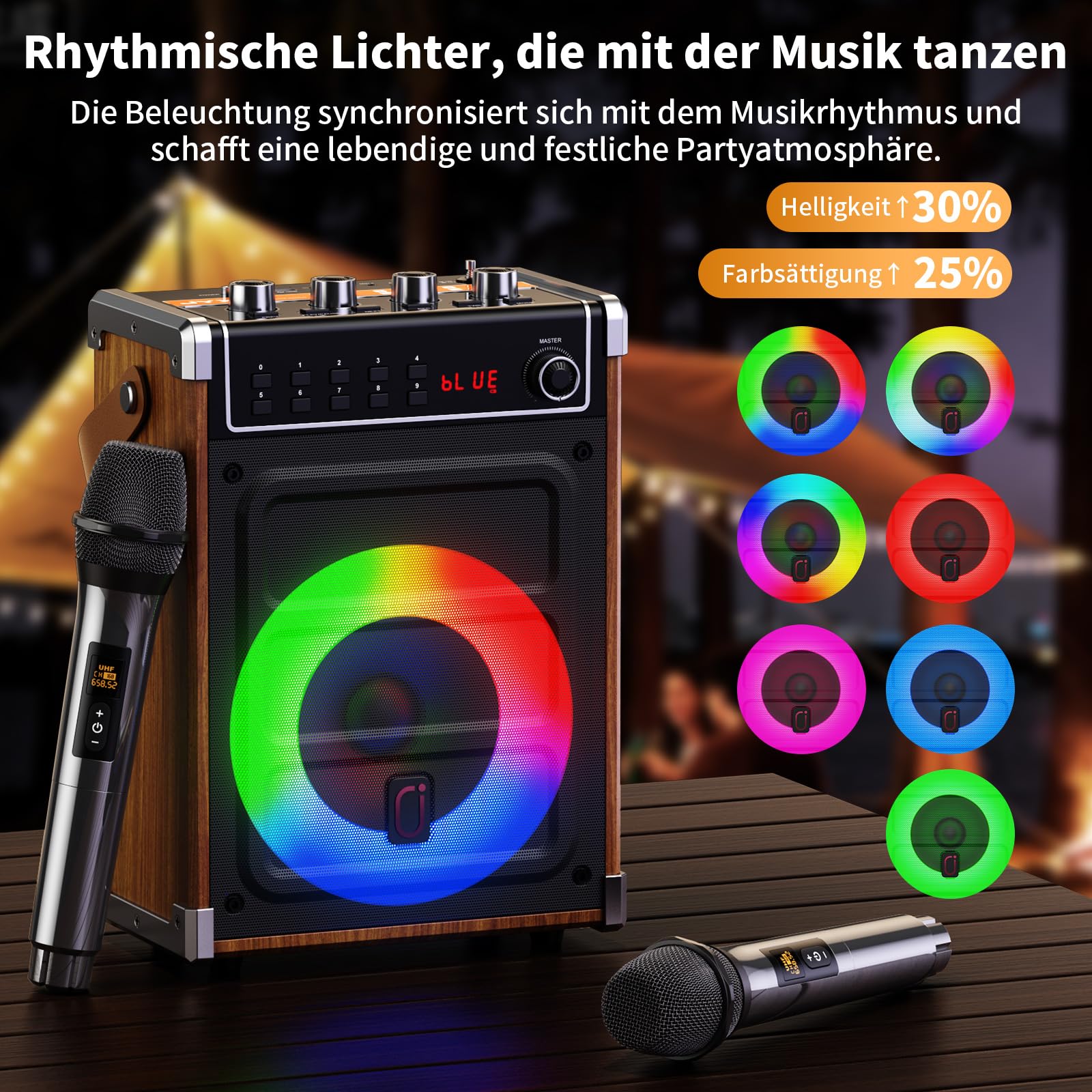 JYX Karaoke Maschine mit 2 UHF-Funkmikrofonen, Bluetooth-Lautsprecher mit Bass-/Höhen-Einstellung und LED-Licht, PA-Systemunterstützung TWS, AUX in, FM, Rec, Versorgung für Party/Erwachsene/Kinder