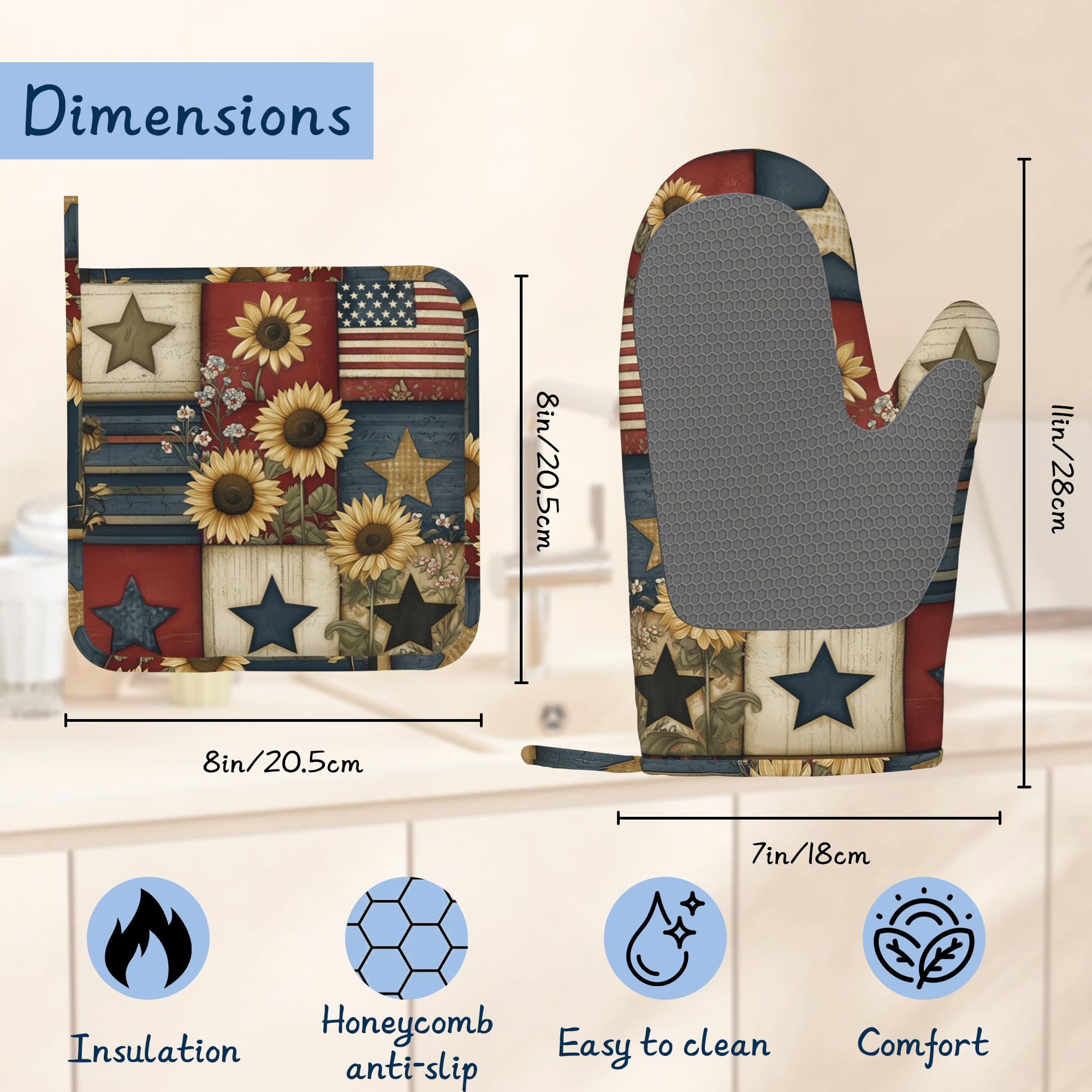 Juego de manoplas de cocina, juego de manoplas de horno y soportes para ollas, de algodón grueso, resistente al calor, bandera del 4 de julio, soporte para sartén caliente, guantes de cocina