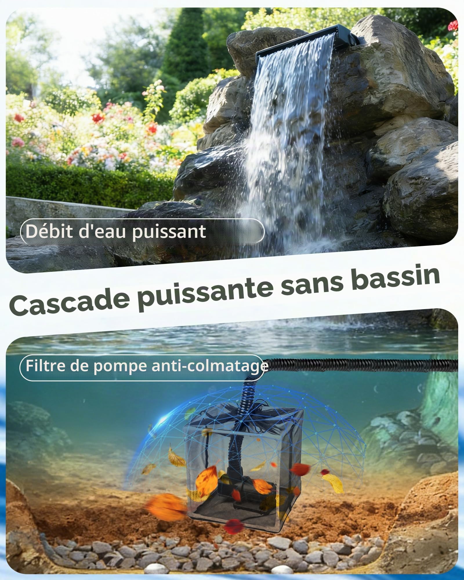 POPOSOAP Kit de Cascade de Bassin, Déversoir 58 cm Tout-en-Un avec Pompe Submersible 6000 L/H, boîtier filtrant et Tuyau, pour Bassin de Jardin, Bassin à Poissons et décoration Aquatique | Cascade de bassin avec pompe submersible de 6000 l/h, cage filtran