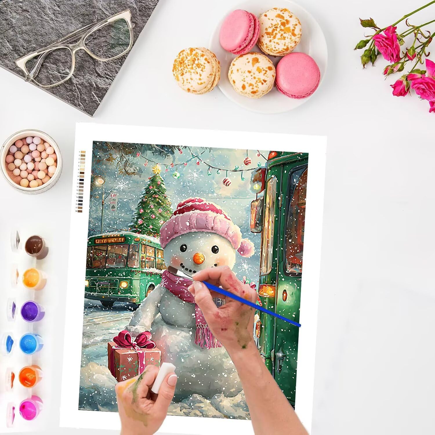 Bonhomme de neige et bus Peinture Numero Adulte Kits, 80x100cm m-1035