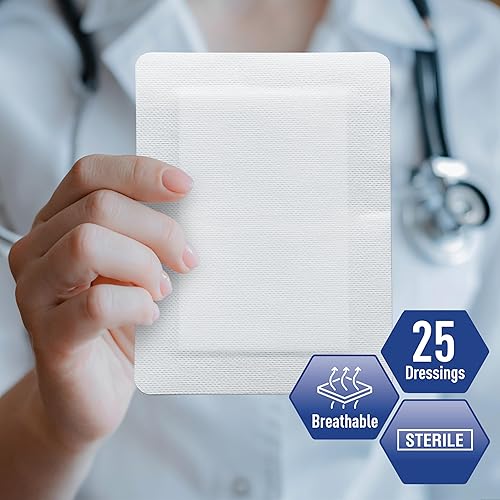 Miniatura 18 de Medpride Apósitos de gasa con bordes de 4x4 pulgadas, 25 unidades, bolsas empaquetadas individualmente, apósito para heridas con bordes adhesivos