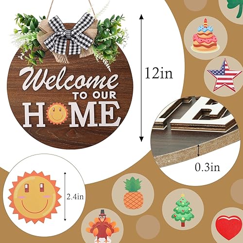 Vista 19 de Letrero de bienvenida intercambiable para decoración de puerta delantera con 4 coronas de temporada y 14 iconos de vacaciones, gancho de puerta