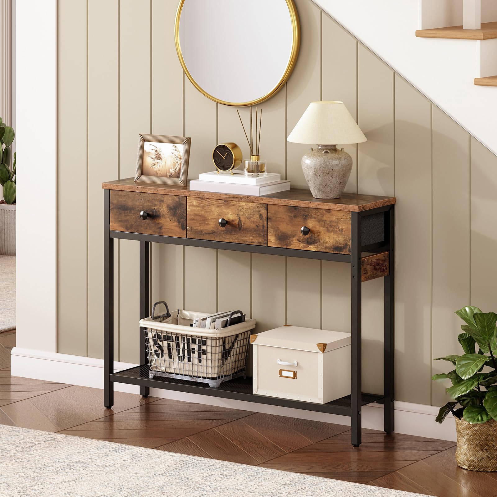 HOOBRO Mesa de Consola Estrecha con 3 Cajones, Mesa Auxiliar, Mueble Industrial para Sofá, con Estante de Almacenamiento, para Pasillo, Dormitorio y Recibidor, Marrón Rústico y Negro EBF83XG01