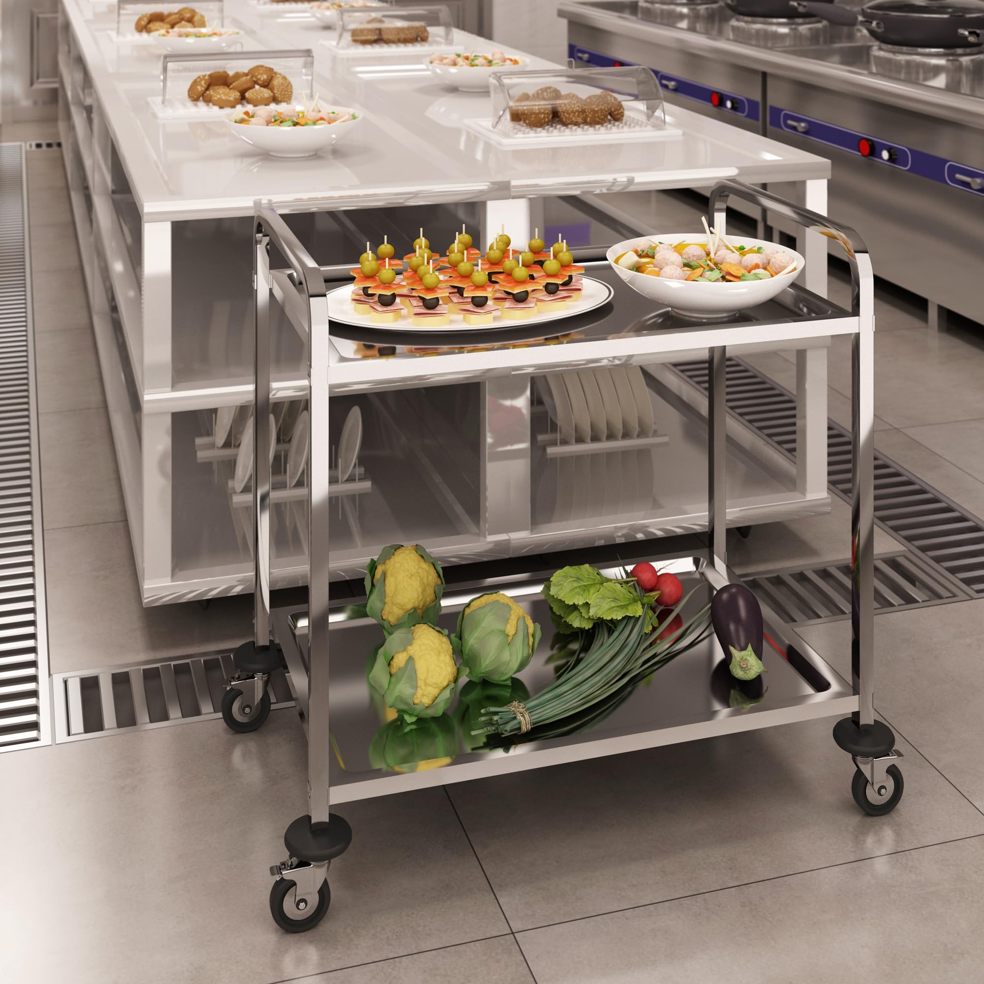 BLV servierwagen Edelstahl klein 2 Böden,servierwagen mit Rollen und 4-Bremsen Für Restaurant Küche