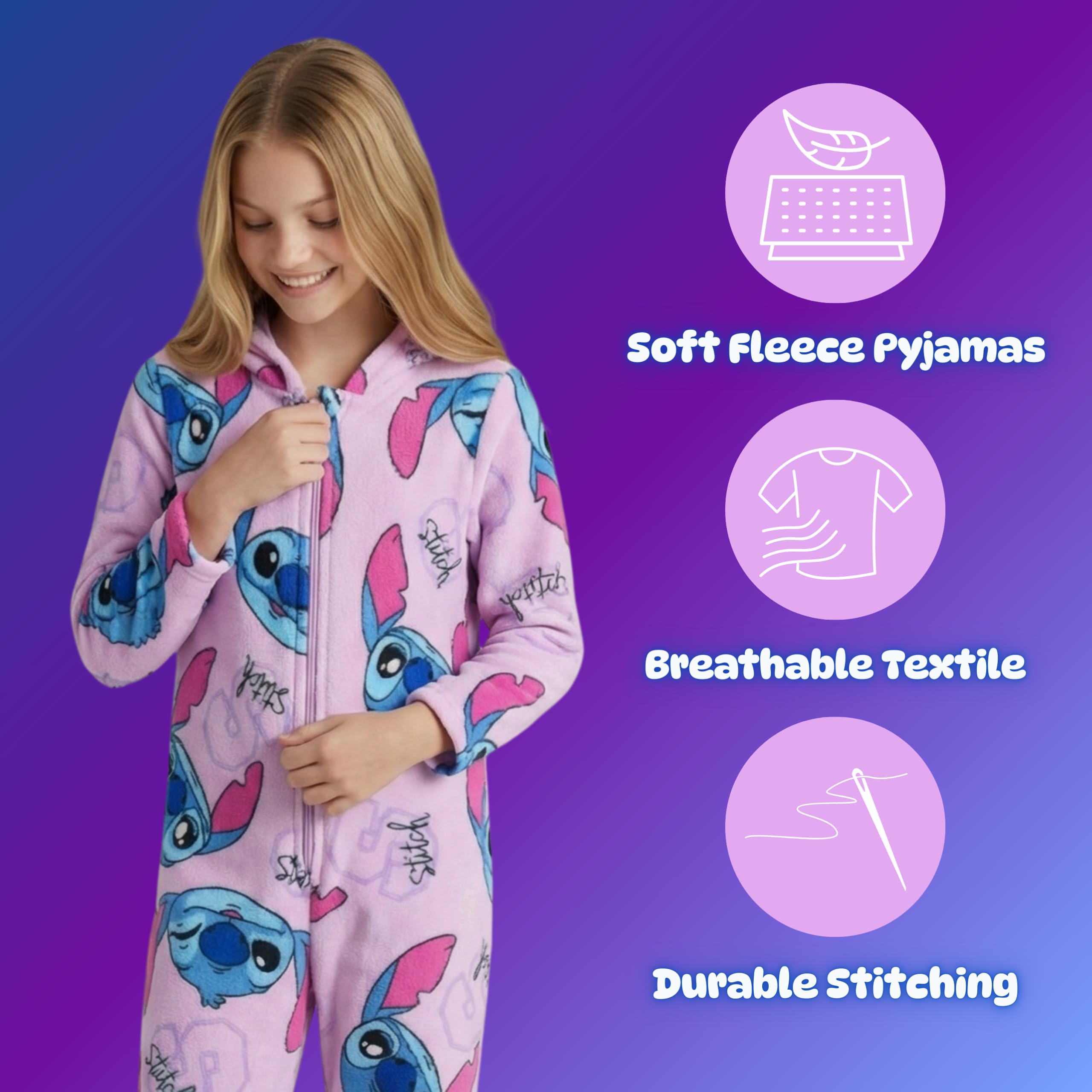 Disney Stitch Pijamas para Niña, Pijama de Una Pieza para Niña, Stitch Pijama Polar Suave, Talla 12 Años - Lila