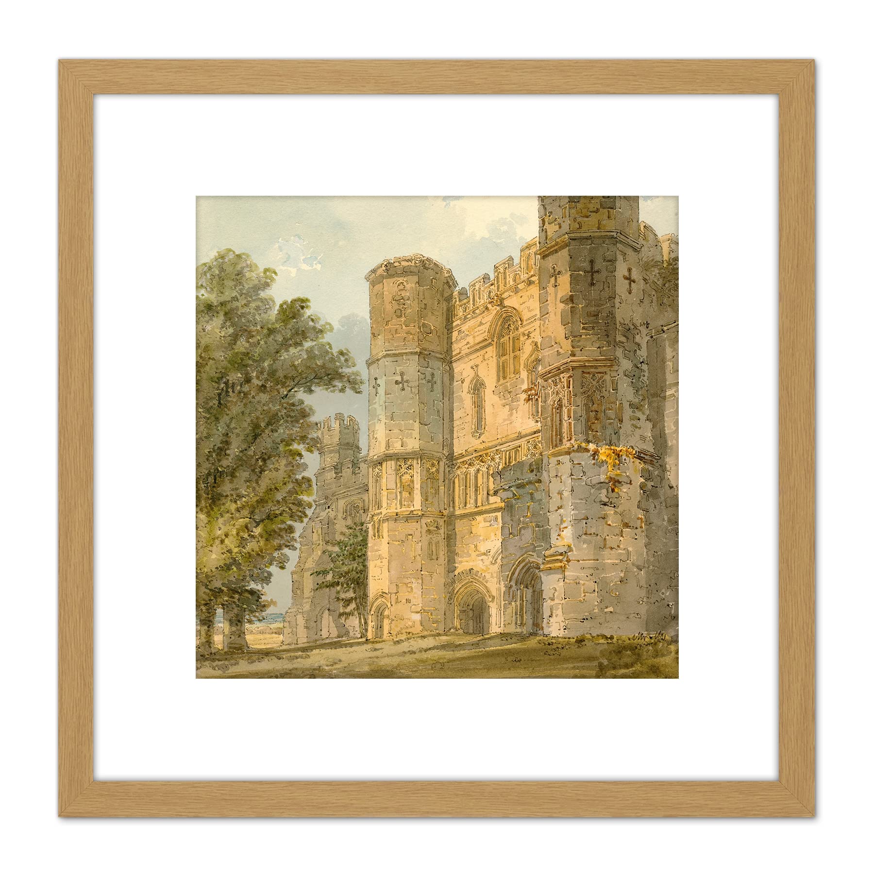 Artery8 Framed Light Oak 8X8 Girtin The Gatehouse Of Battle Abbey Sussex 1794 Painting 8X8 Inch Square Wooden Framed Wall Art Print Picture With Mount