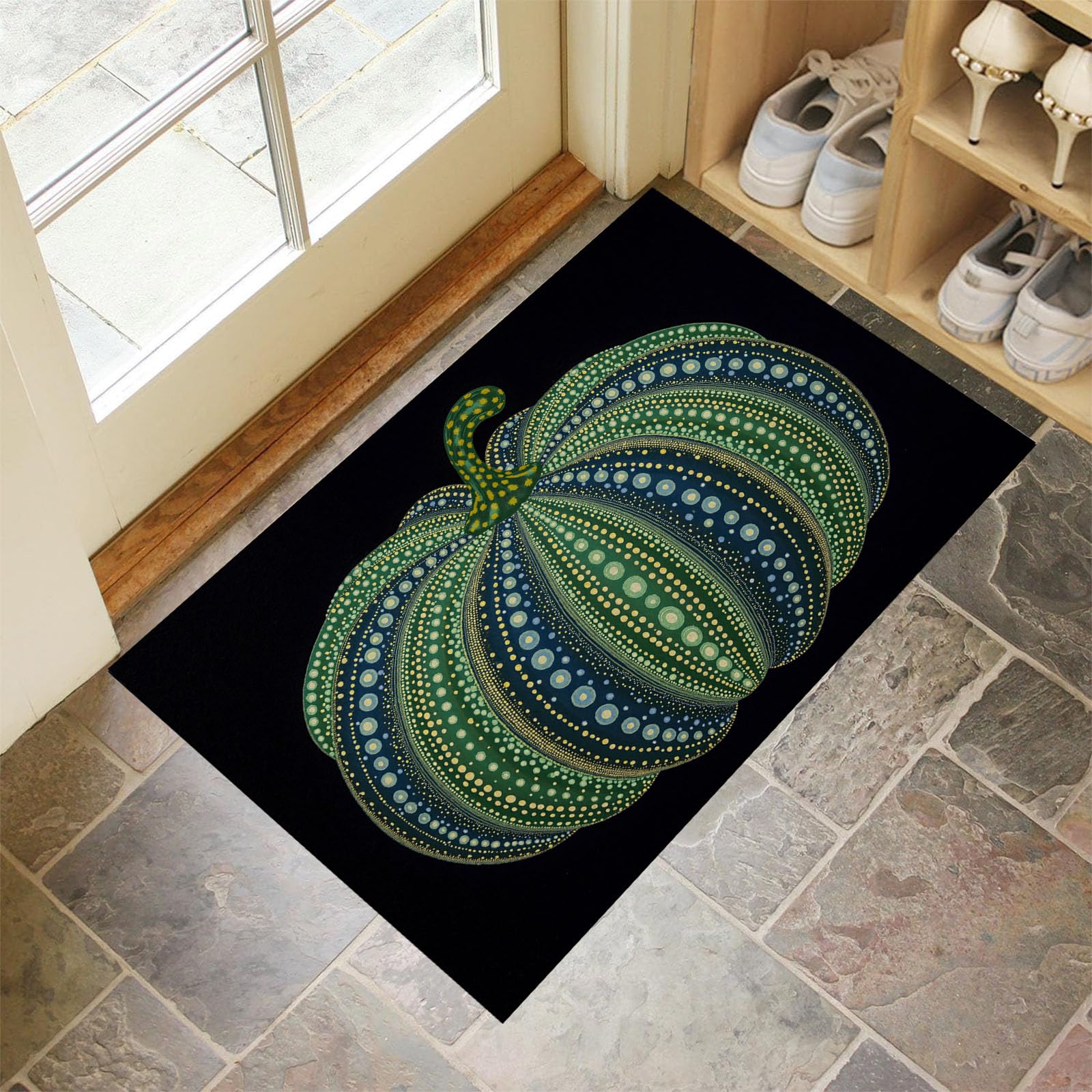 Tapis d'entrée intérieur 60x90 cm absorbant et antidérapant, motif citrouille vert