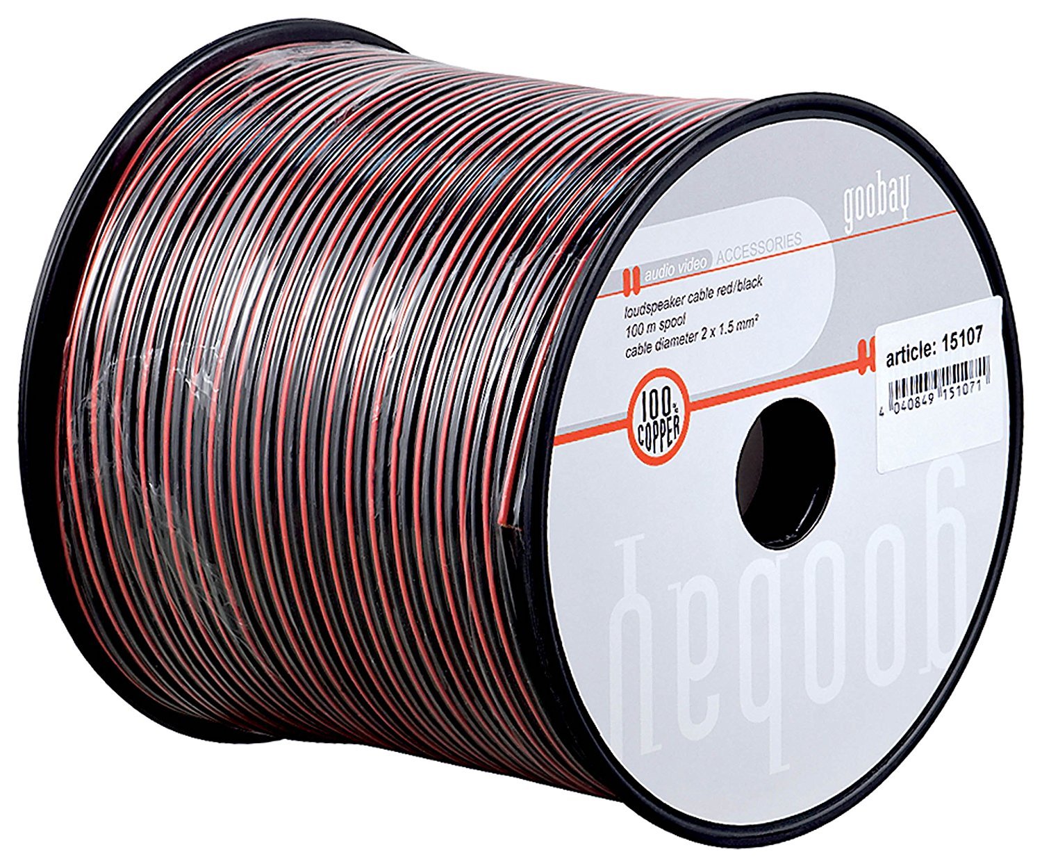 Goobay 15086 Câble de Haut-Parleur Rouge/Noir CU, 100m Longueur de Câble, Section 2 x 0.5mm², 4.4mm Diamètre