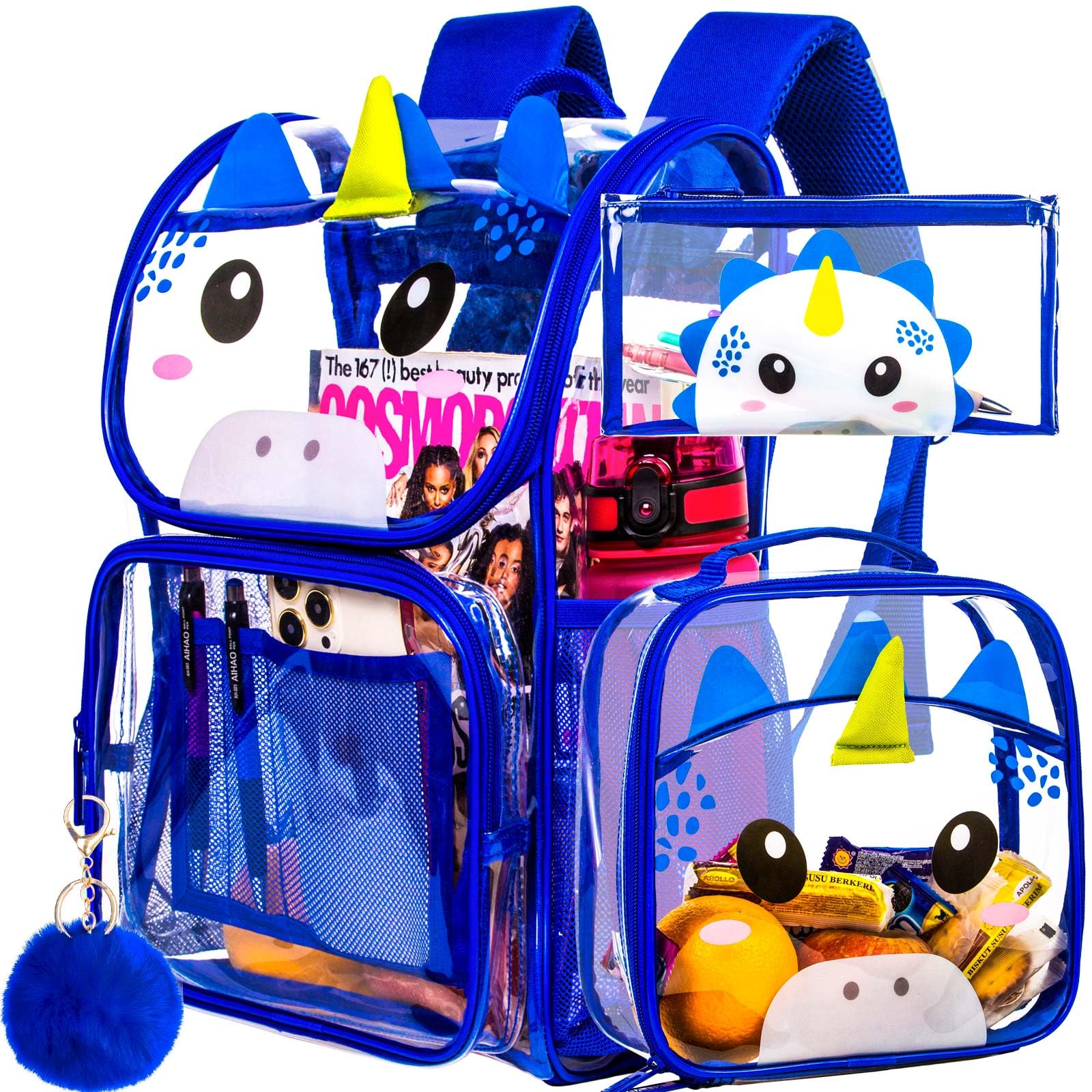 KLFVB 3PCS Clear Backpack for Girls and Boys, Kids See Through School Bag Heavy Duty, Transparent Bookbag for Elementary