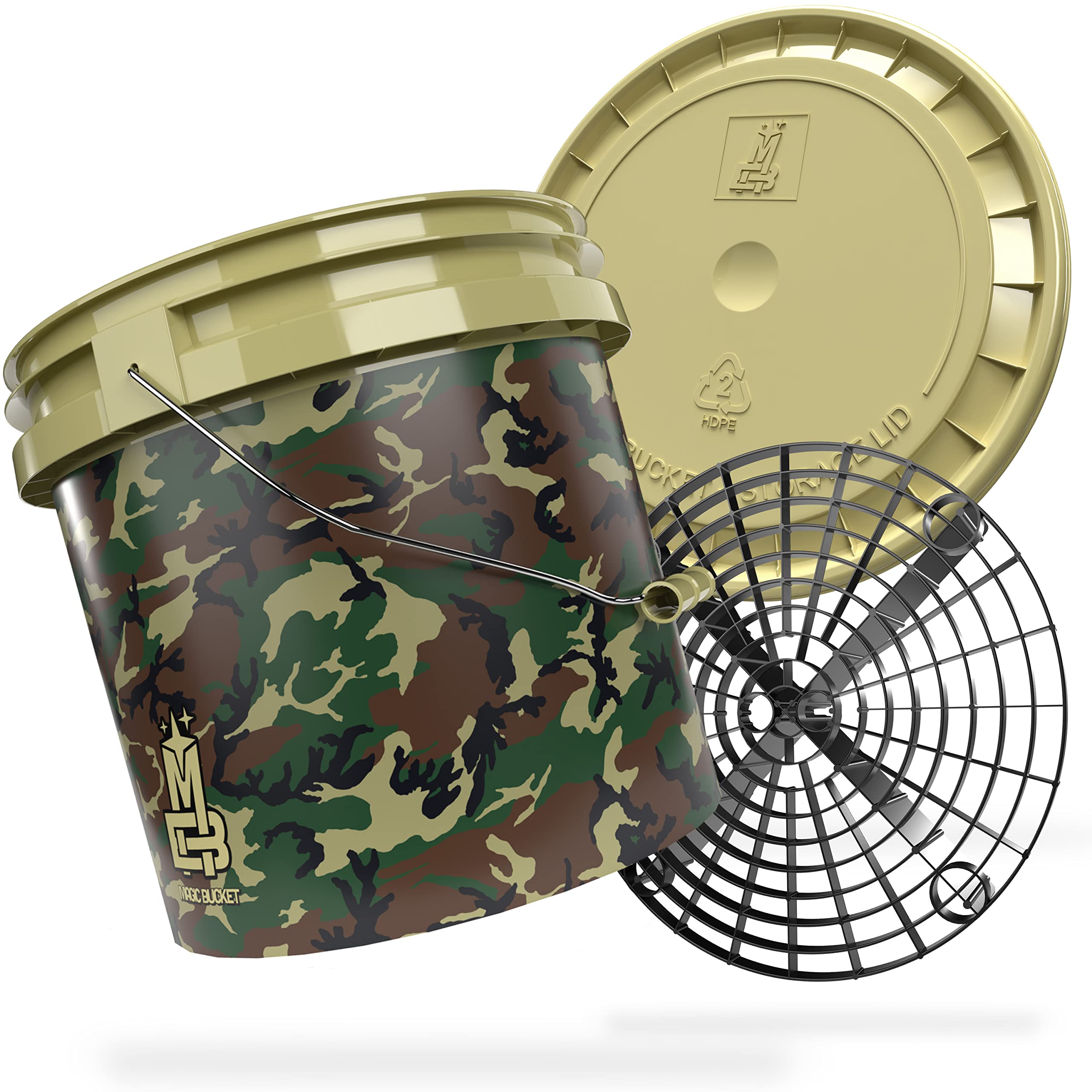 MAGIC BUCKET | Hand Wash for Car | Wash Bucket with Matching Lid 3.5 US Gallons Approx. 13 Litre | With Grit Guard Bucket | Camo Green/Black Wash Kit