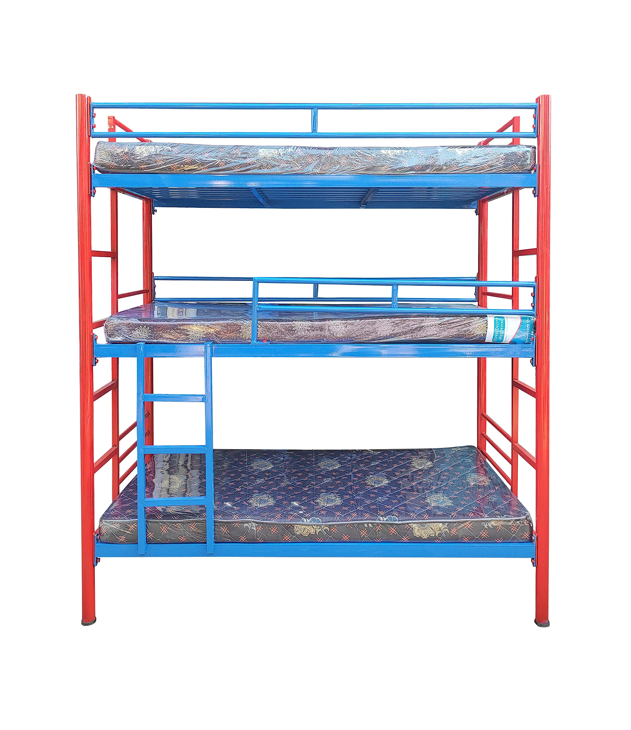 s k grill art Wrought Iron Three Floor Bunk Bed with Mattress (2.5 x 6 feet, Red & Blue Powder Coated) 1