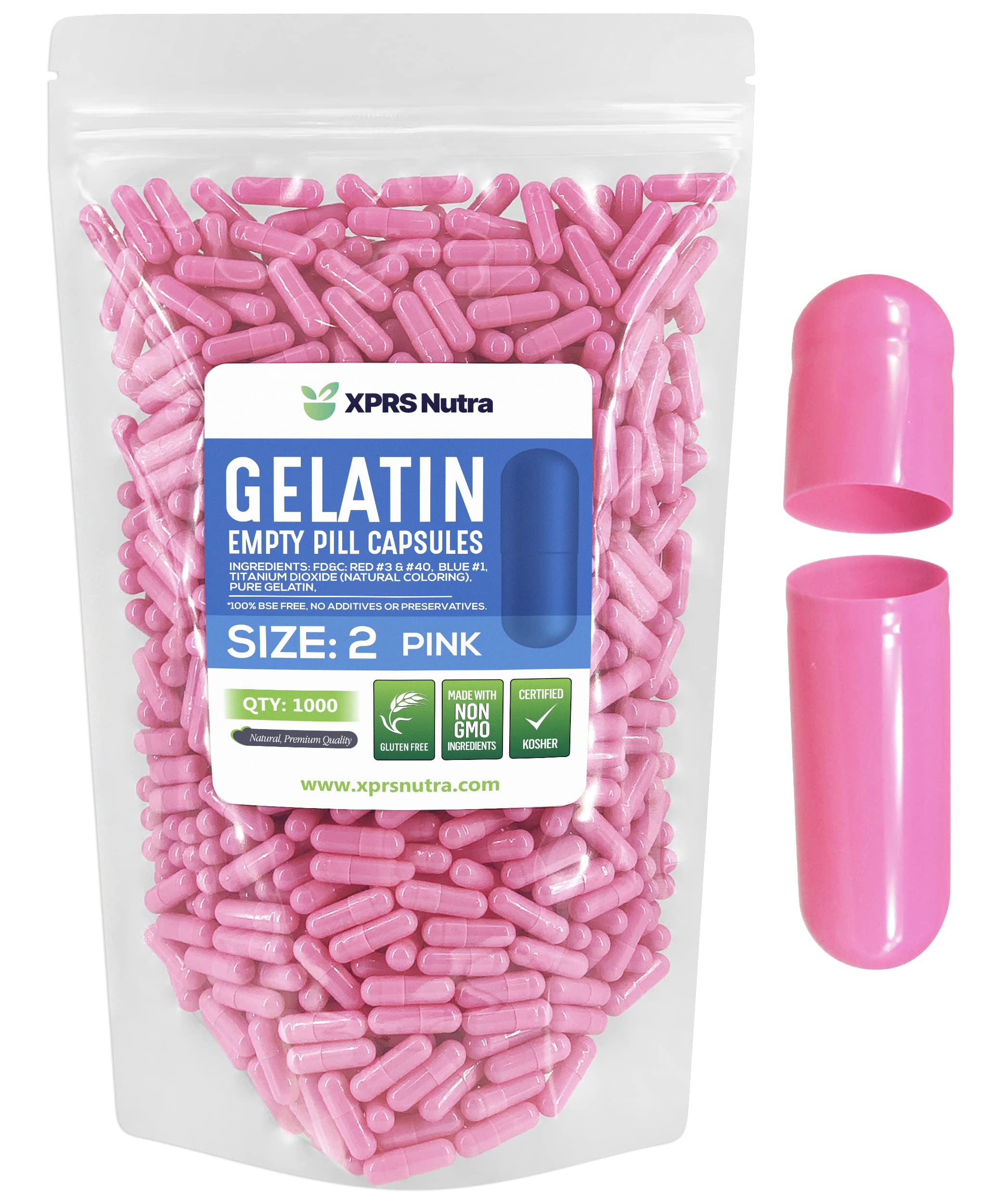 XPRS Nutra Size 2 Empty Capsules - 1000 Count Empty Gelatin Capsules - Pills DIY Capsule Filling - Pure Bovine Pill Gel Caps for Do-It-Yourself Supplements (Pink) 1000 Count (Pack of 1) Pink