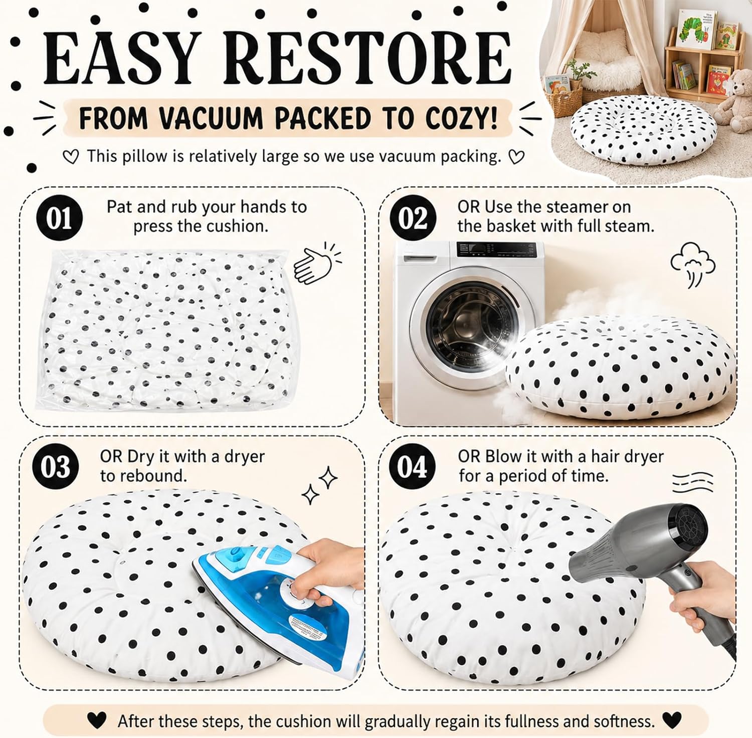 Hoteam 8 Pcs Black and White Classroom Decor Polka Dot Floor Cushions for Classroom 16'' Floor Pillows Round Flexible Seating Reading Corner Decoration Elementary Preschool Daycare Learning Play Room