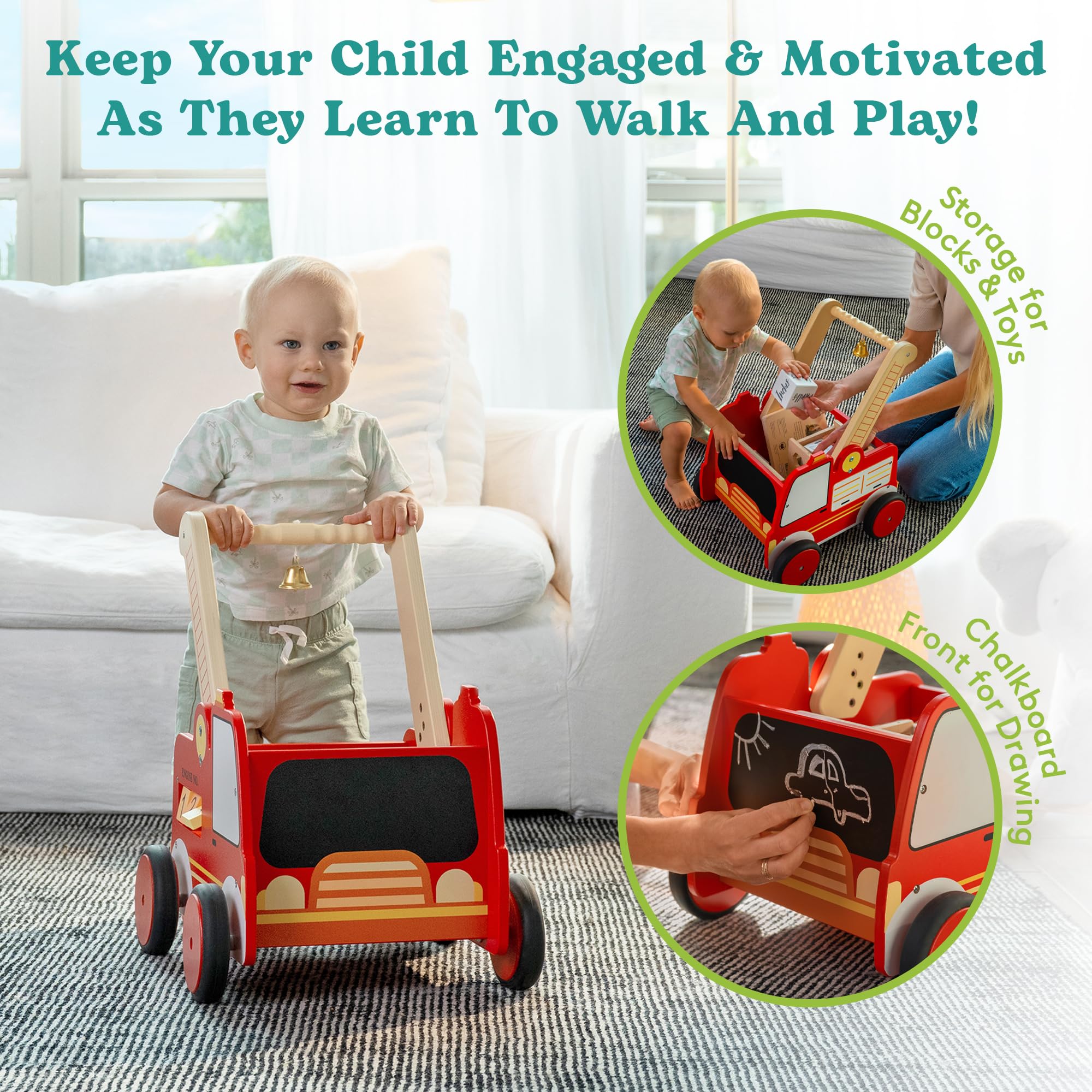 Wooden Baby Walker with Wheels - Baby Walkers for Boys Fire Truck Walker Baby - Walker for Baby Boy with Rigged Handles - Adjustable Height and Chalkboard on Wooden Activity Walker
