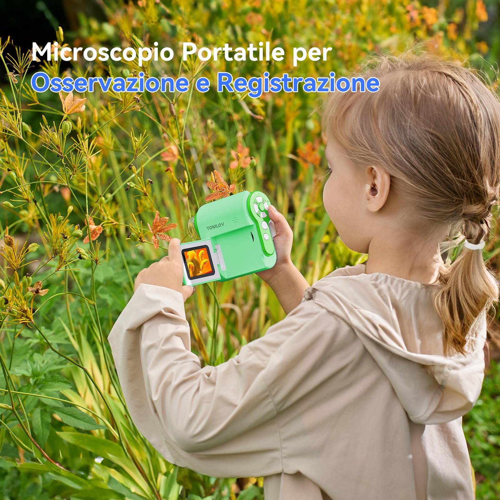 TOMLOV P20 Microscopio Digitale Portatile, Miniscopio 3-in-1 per Bambini, Telecamera DV 1080P con Schermo LCD da 2", Compatibile con PC, 4 Ore di Autonomia, 6 Luci LED, 6 Vetrini, 32GB (Verde)