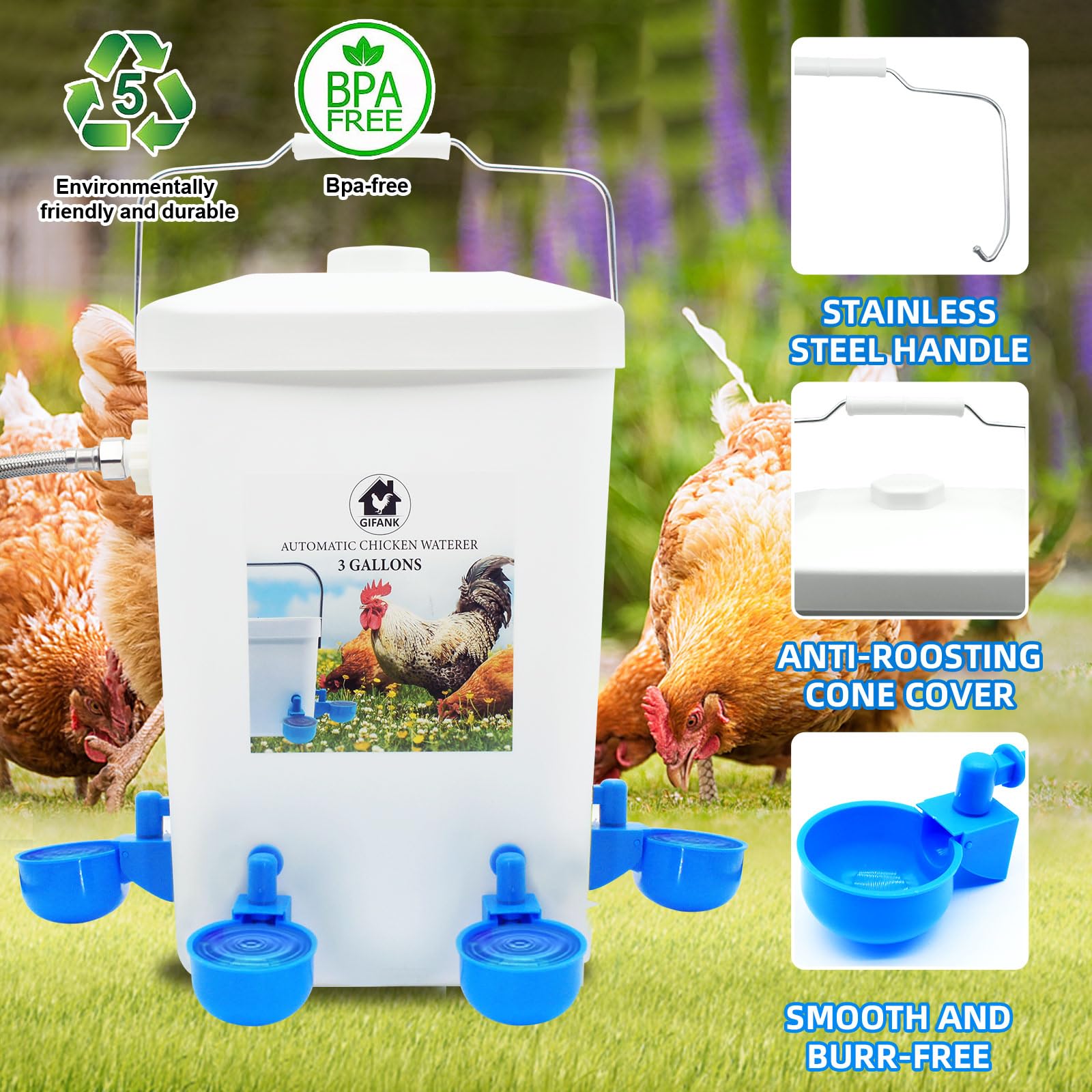 Dispensador automático de agua de pollo controlado, dispensador de agua de aves de corral de 3 galones con accesorio de manguera, accesorios automáticos para beber aves de corral para pollitos, pato