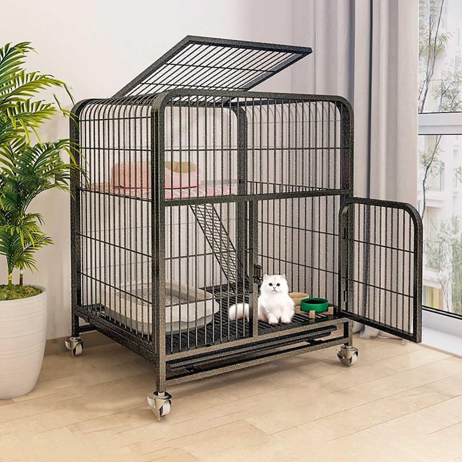 Areden 猫ケージ 猫用ケージ 猫ハウス[2段][サイズ：70×55×75cm][ シルバーブラック]大型猫用 多頭飼い猫 室内用猫のゲージ 移動便利 組立簡単 取り外し可能な 室内飼い ペット用品 快適な換気 強くて安定している