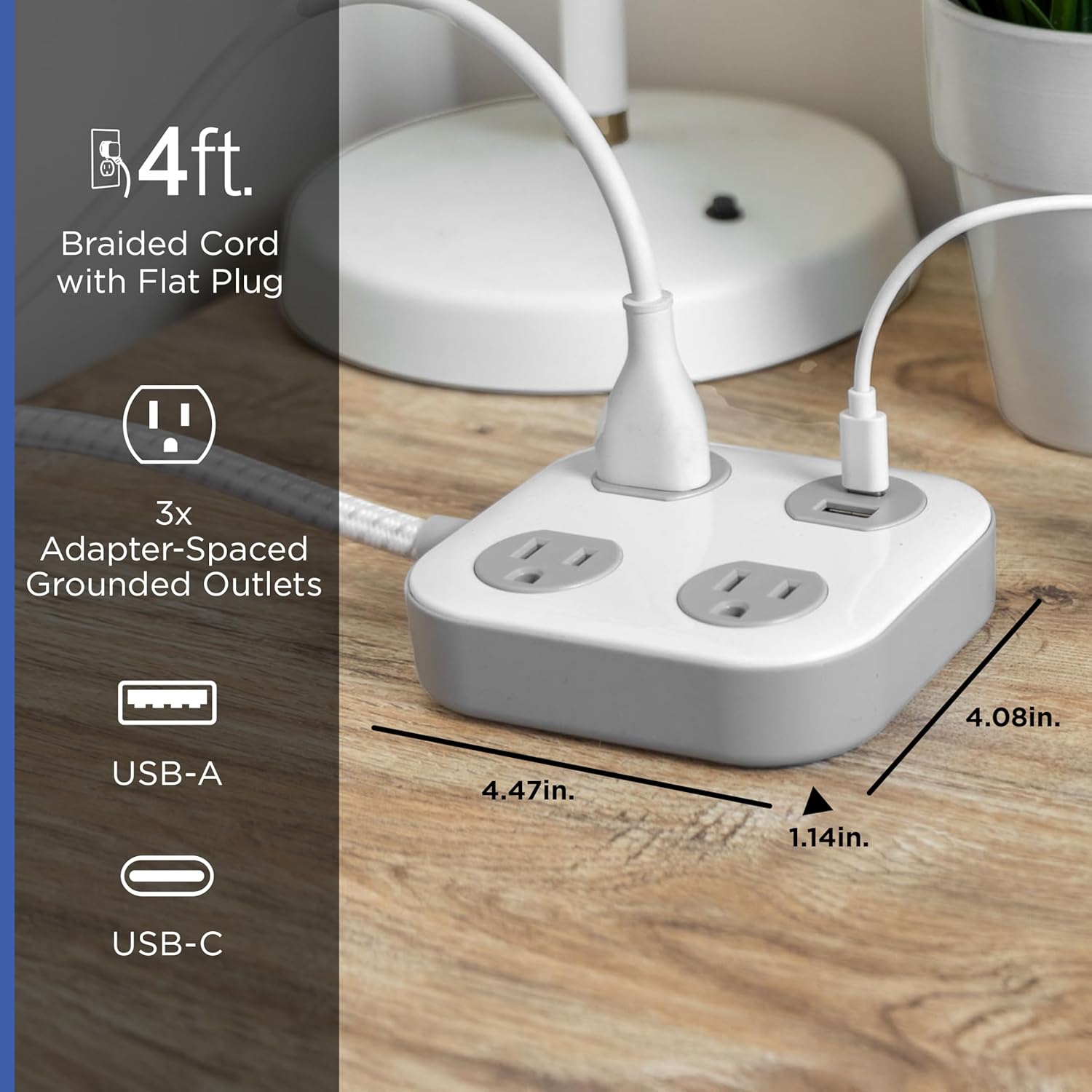 GE 3-Outlet Surge Protector with USB, 245 Joules, 1 USB-A & 1 USB-C Port, 4ft Braided Extension Cord, Flat Plug, Adapter-Spaced Outlets, ETL Certified, White/Gray, 85874