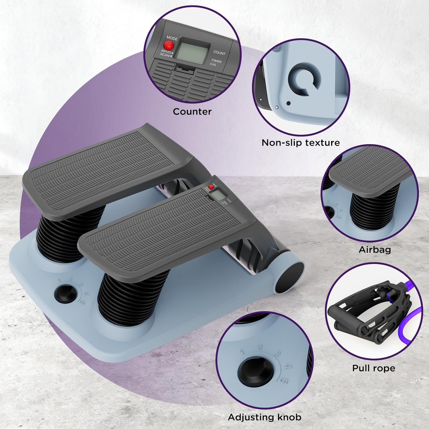 Air Stepper Exercise Machine with Resistance Bands, Stair Stepper with LCD Monitor, Adjustable Resistance Cardio Trainer for Home Workout, Compact Fitness Equipment, 300 lbs Weight Capacity