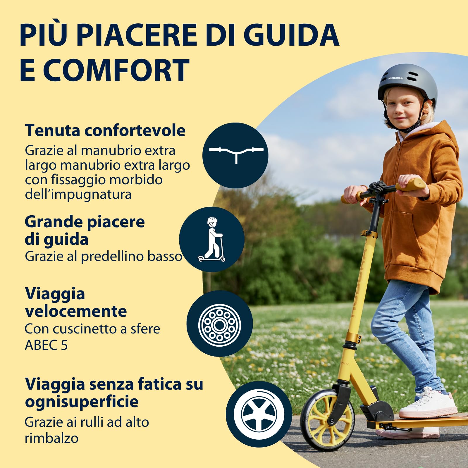 HUDORA Monopattino Up 200 - Monopattino silenzioso in alluminio per peso fino a 100kg - Con altezza regolabile e struttura pieghevole - Monopattino fluido per bambini/ragazzi e adulti