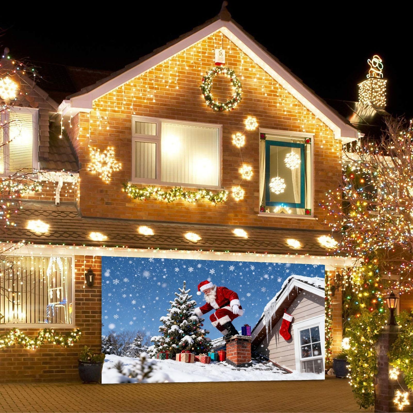 Cartel de bienvenida para garaje con muñeco de nieve de Papá Noel para puerta de garaje al aire libre