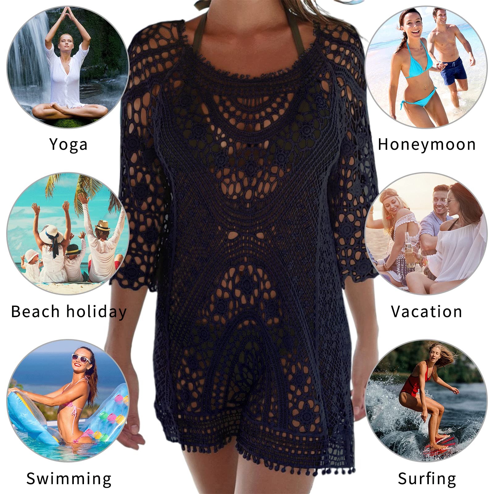 Copricostume da Bagno Donna in Maglia Uncinetto Estate Abito da Spiaggia Bikini Cover Up Camicetta Maglia Tunica Kaftan Top