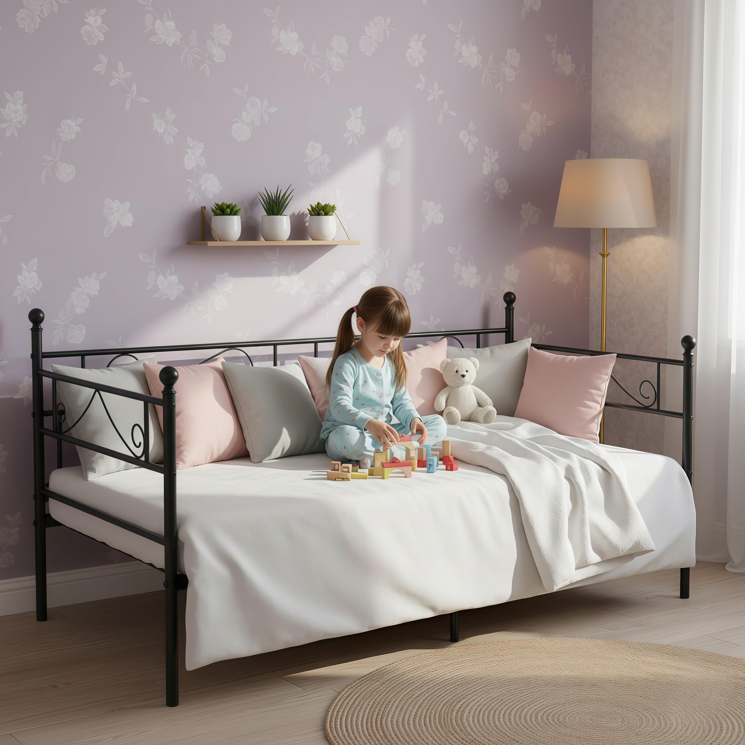 Divano Letto 90x190cm, Struttura Letto Singola in Metallo, Spazio per Riporre gli Oggetti Sotto Il Letto, Letto Singolo, Adatto Per Soggiorno, Camera da Letto o Balcone, Nero