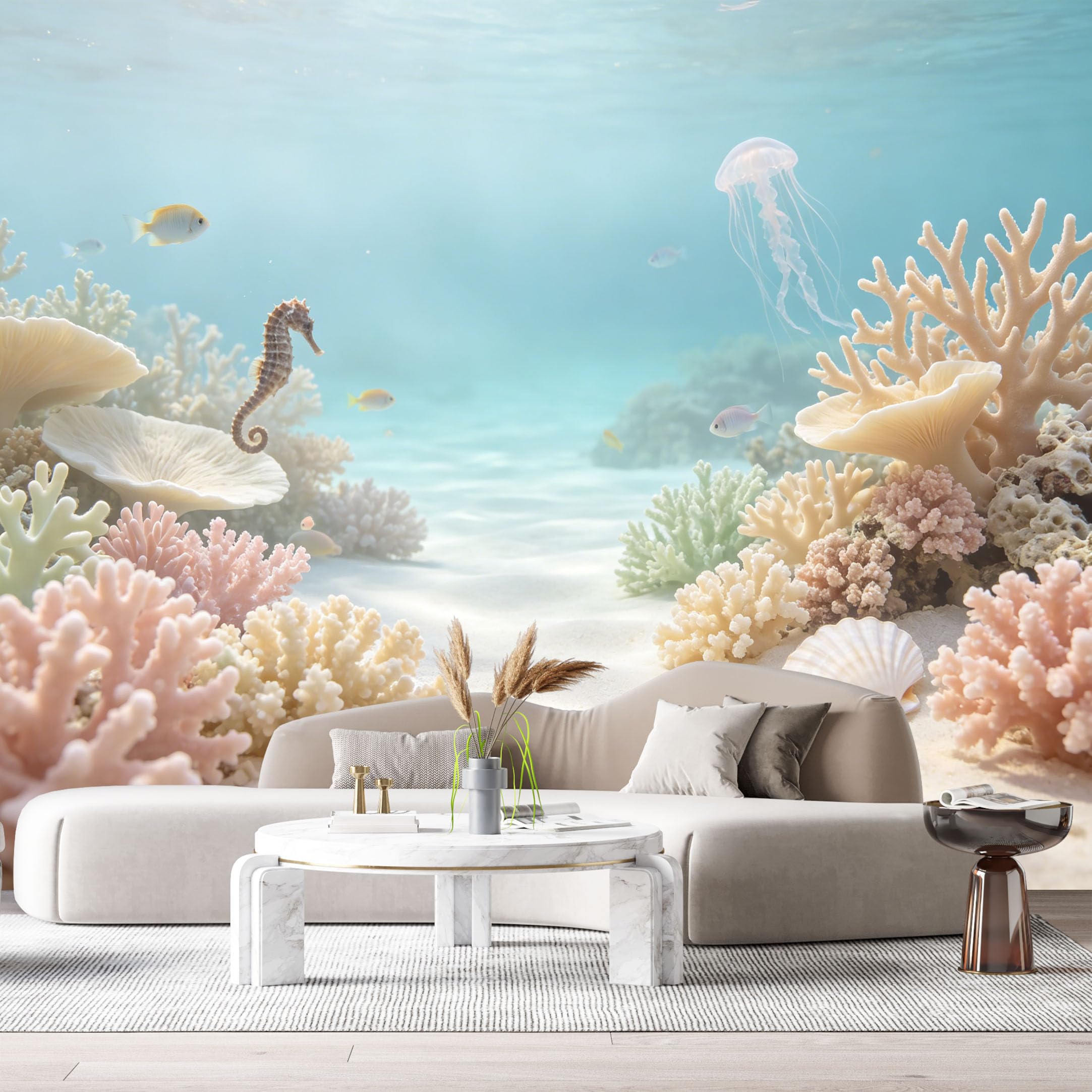 Custom Size Wall Murals Ocean Marine Watercolor Seahorse Jellyfish Coral Reef SelfAdhesiveWall Fabric Removable Wallpaper Wall Decor for Living Room Bedroom Bathroom