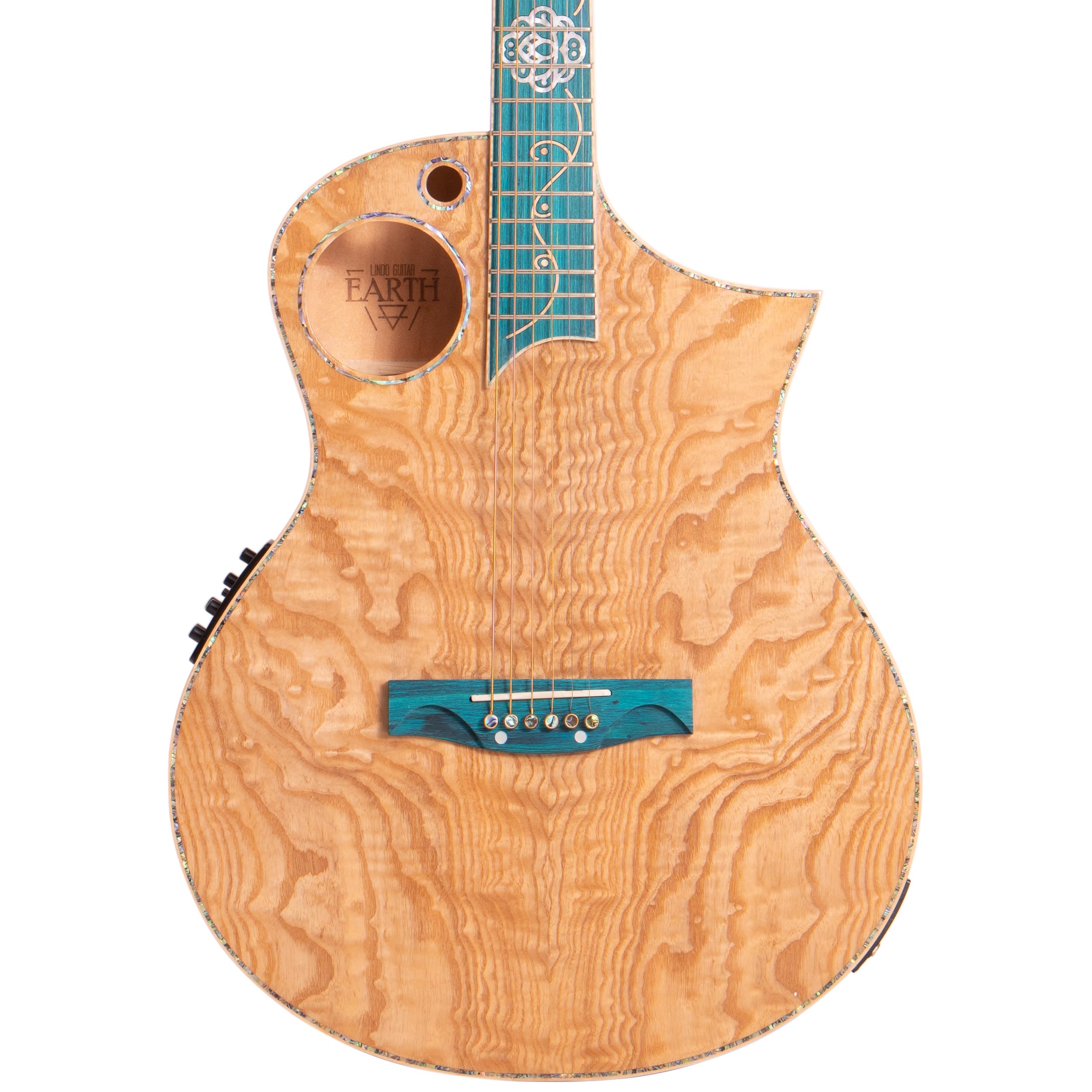 Lindo Earth Slim Body Electro gitara akustyczna, figurowy popiół Tamo i płaski zebrano, przedwzmacniacz/tuner BS3M z podwójnym gniazdem, wyjściem XLR, podstrunnica i mostek (struny nylonowe)